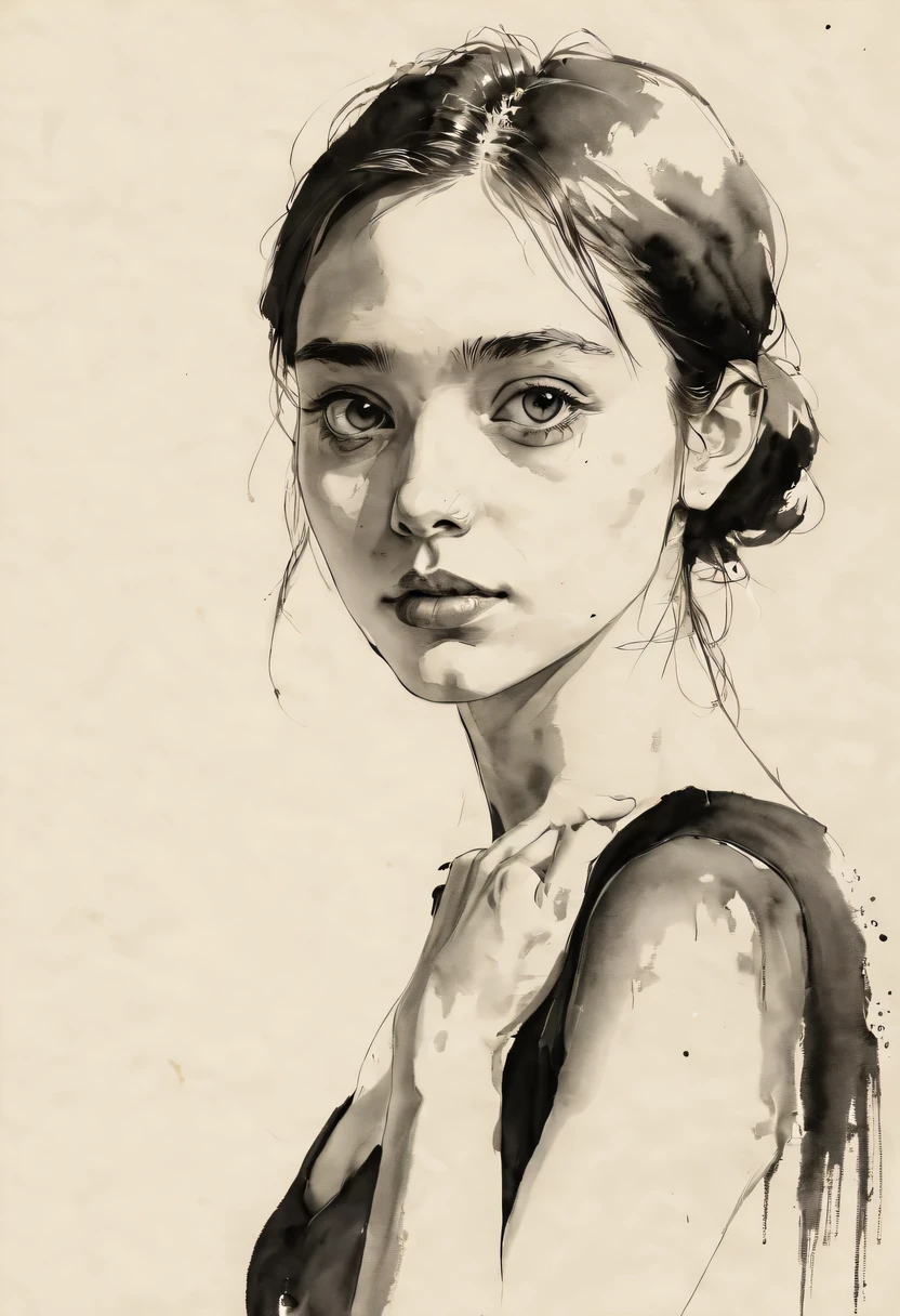 (best quality, high resolution, masterpiece:1.2), Super detailed, actual:1.37, black ink sketch, smooth lines, Expressive facial expressions and gestures, simple background, Emphasis on light, shadow and spatial perception, Abundant negative space, young girl.