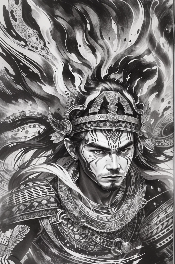 (black and white), (ink style art:1.3), (one human man)、warrior portrait、Face close-up、Proud tribal warrior heading into battle、Overflowing life energy、(black ink, ink dripping), (white background), vector style、Simple style, thick and bold brush strokes