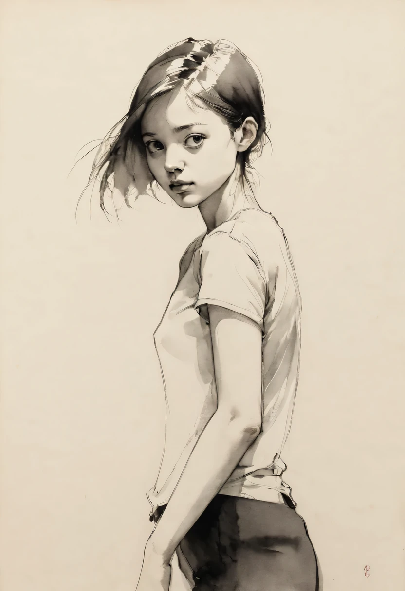 (best quality, high resolution, masterpiece:1.2), Super detailed, actual:1.37, black ink sketch, smooth lines, Expressive facial expressions and gestures, simple background, Emphasis on light, shadow and spatial perception, Abundant negative space, young girl.