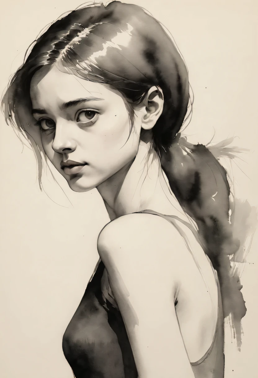 (best quality, high resolution, masterpiece:1.2), Super detailed, actual:1.37, black ink sketch, smooth lines, Expressive facial expressions and gestures, simple background, Emphasis on light, shadow and spatial perception, Abundant negative space, young girl.