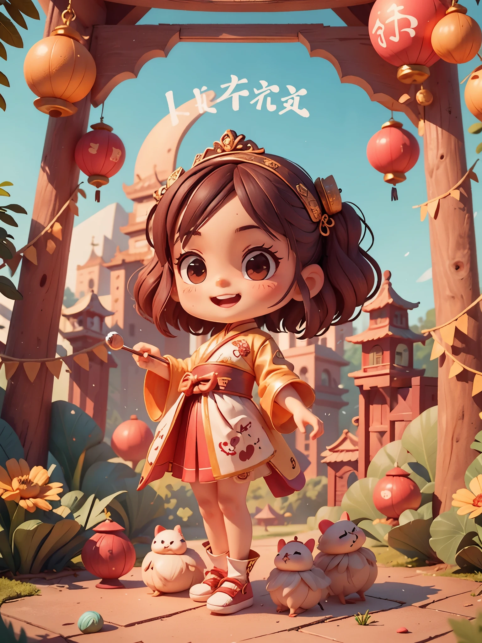 Cute new year theme，Create a collection of adorable chibi style china dolls, Each with tons of detail and 8K resolution. All dolls should follow the same Chinese architectural background,red lanterns around, mini china doll: Call her Marina. She must have a dark brown round head. Your eyes should be large and expressive, long eyelashes and rosy cheeks. Smile is delicate and white. Sophie must be wearing a red Hanfu dress, She must be holding a red banner in her hand. , Bonito Advanced Certificate, Hair texture and details, clothing, Candy utensils, Make them more cute and charming. (((Reduce skin exposure)))，Correct movements，