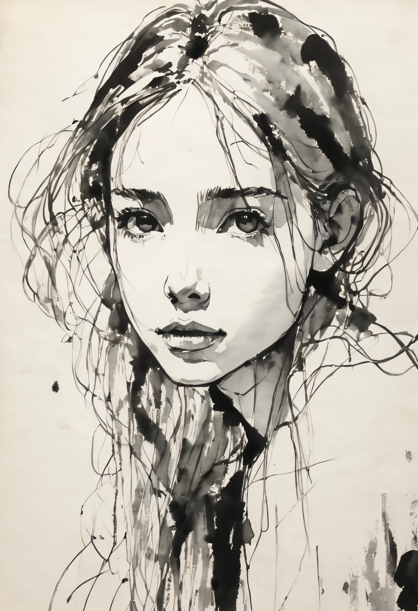 (best quality, high resolution, masterpiece:1.2), Super detailed, actual:1.37, black ink sketch, smooth lines, Expressive facial expressions and gestures, simple background, Emphasis on light, shadow and spatial perception, Abundant negative space, young girl.