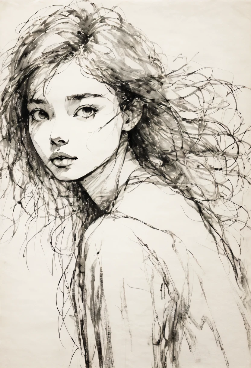 (best quality, high resolution, masterpiece:1.2), Super detailed, actual:1.37, black ink sketch, smooth lines, Expressive facial expressions and gestures, simple background, Emphasis on light, shadow and spatial perception, Abundant negative space, young girl.