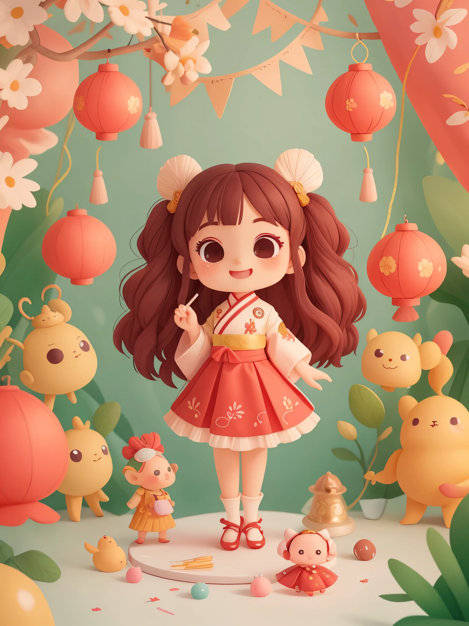 Cute new year theme，Create a collection of adorable chibi style china dolls, Each with tons of detail and 8K resolution. All dolls should follow the same Chinese architectural background,red lanterns around, mini china doll: Call her Marina. She must have a dark brown round head. Your eyes should be large and expressive, long eyelashes and rosy cheeks. Smile is delicate and white. Sophie must be wearing a red Hanfu dress, She must be holding a red banner in her hand. , Bonito Advanced Certificate, Hair texture and details, clothing, Candy utensils, Make them more cute and charming. (((Reduce skin exposure)))，Correct movements，