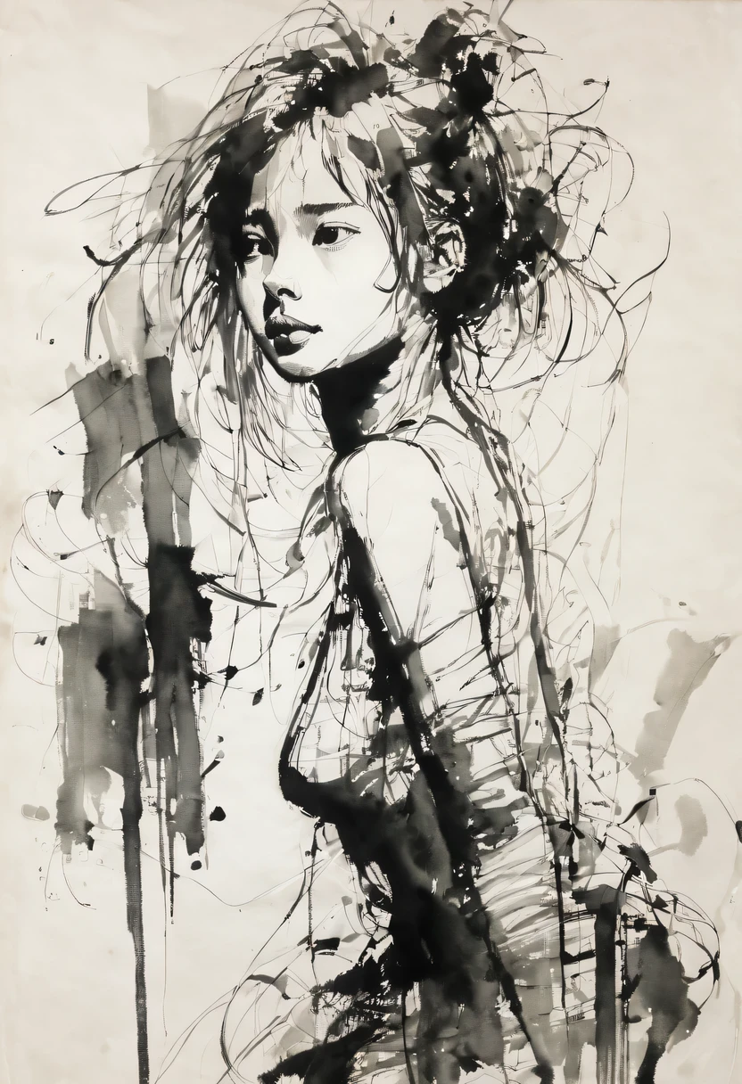 (best quality, high resolution, masterpiece:1.2), Super detailed, actual:1.37, black ink sketch, smooth lines, Expressive facial expressions and gestures, simple background, Emphasis on light, shadow and spatial perception, Abundant negative space, young girl.