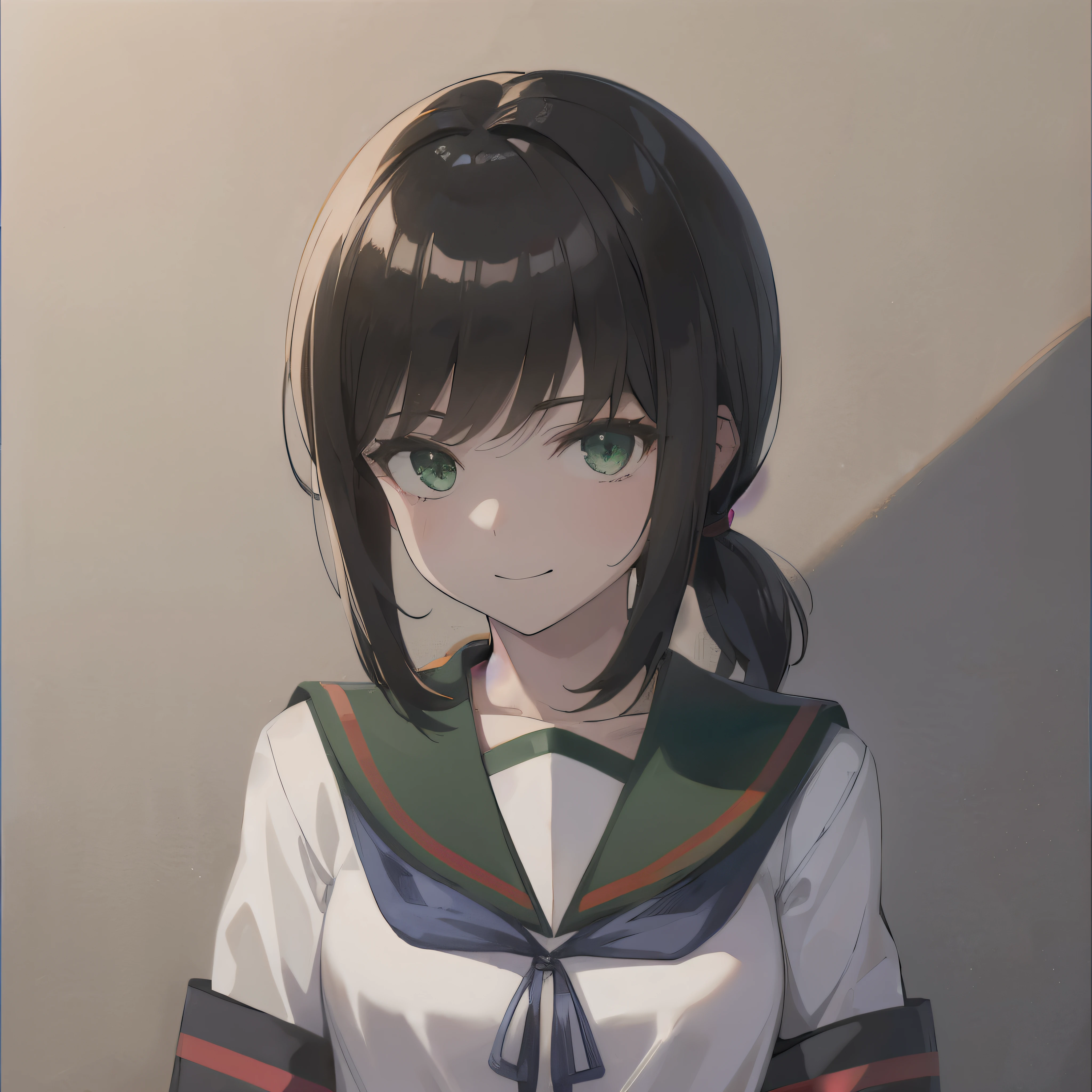 best green eye,Stomach button,Stomach, (masterpiece, highest quality:1.2),shape,8K,HD,1 girl,alone,Upper body,(portrait:1.2),black_hair,short_ponytail,White Serafuku,side lock,low_ponytail,green_eye,smile,black_eye,School_uniform,pleats_skirt,skirt,
