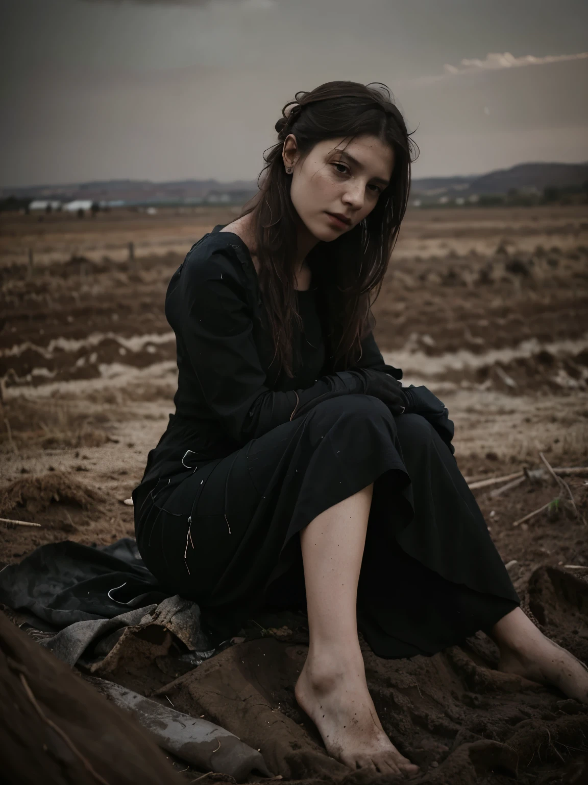 ((Jeremy Lipking style)) ((Nicola Samori style)) woman buried in the ground, very ugly sad woman, ((long black dress)), front, sky, field)), hair up, (oil on linen), (photo from nikon d800, 50mm
lens), focus, ((woman with legs buried in the ground))