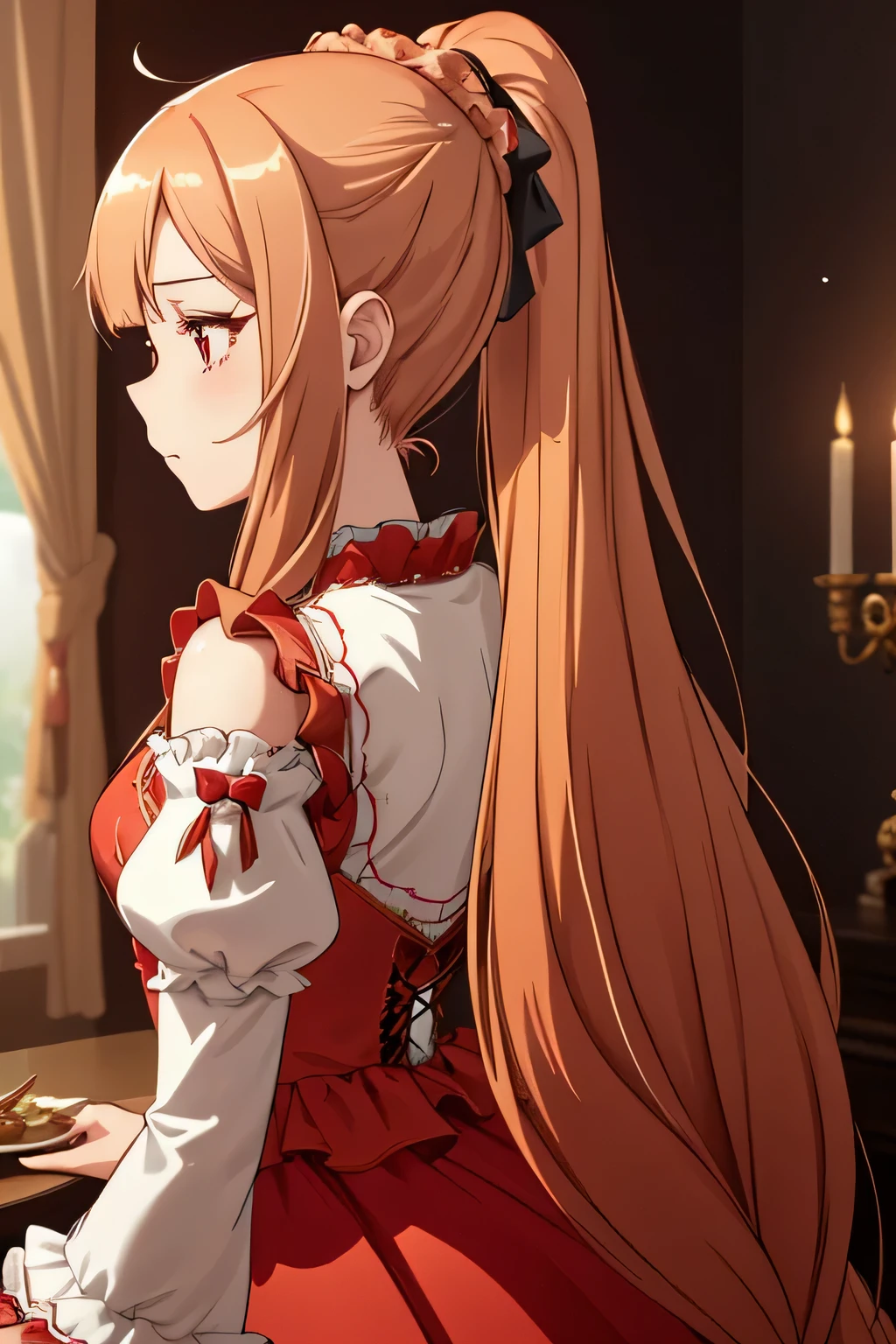 light particles, soft lighting, volumetric lighting, intricate details, finely detailed,
1girl, solo,
chestnut hair, long hair, high ponytail,
, long eyelashes, thick eyelashes, looking at viewer,
red dress, ornate dress, backless dress, puffy sleeves, juliet sleeves, (long sleeves:1.2), red bow,
black background, simple background, from behind,