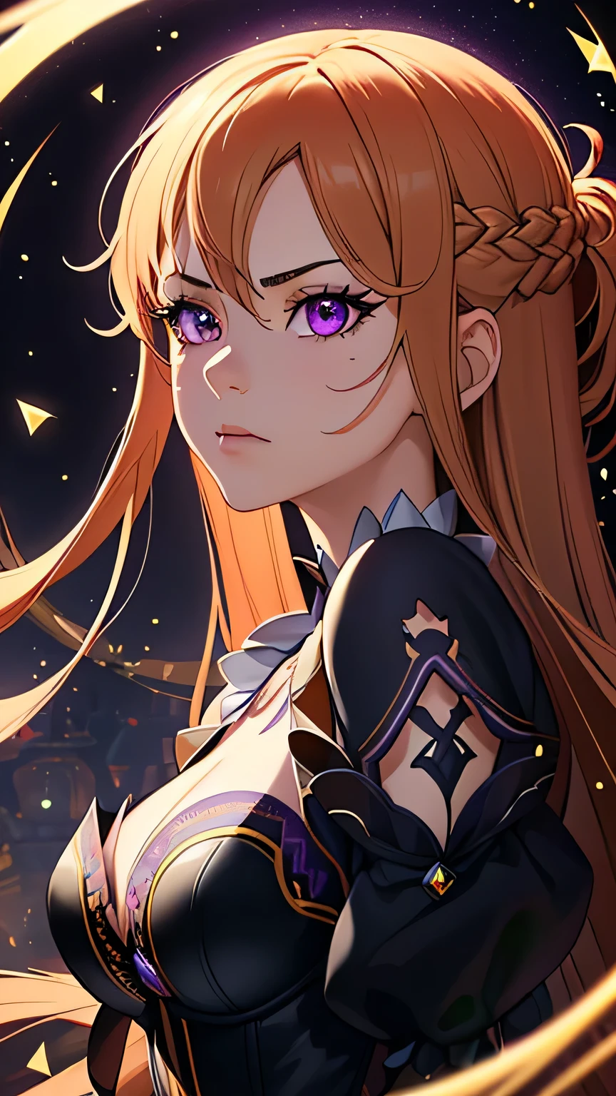 (masterpiece, best quality, ultra-detailed, best shadow), (detailed background,dark fantasy), (beautiful detailed face), high contrast, (best illumination, an extremely delicate and beautiful), ((cinematic light)), colorful, hyper detail, dramatic light, intricate details, (1girl, solo, chestnut hair, sharp face,purple eyes, hair between eyes,dynamic angle), blood splatter, swirling black light around the character, depth of field,black light particles,(broken glass),magic circle,