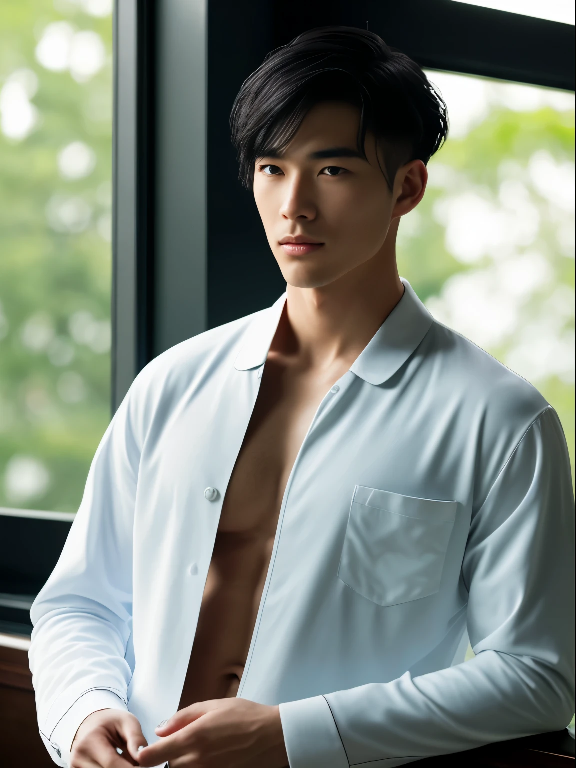 The world's most handsome Japanese man wearing a white shirt,No beard,on the beds,Beautiful skin