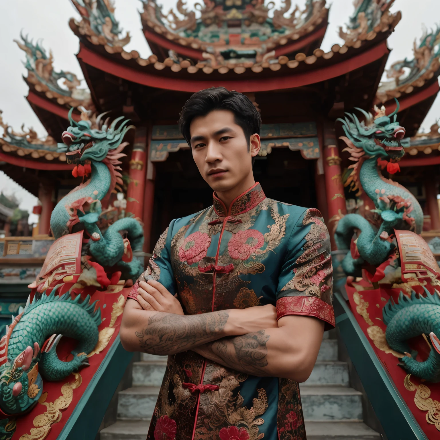 arafed man in a chinese outfit standing in front of a building, with ancient chinese aesthetic, inspired by Chen Hong, chinese style, inspired by Xie Huan, dragon-inspired cloth robes, inspired by Gong Xian, dragon - inspired suit, inspired by Gao Kegong, chinese heritage, inspired by Ruan Jia, with acient chinese clothes