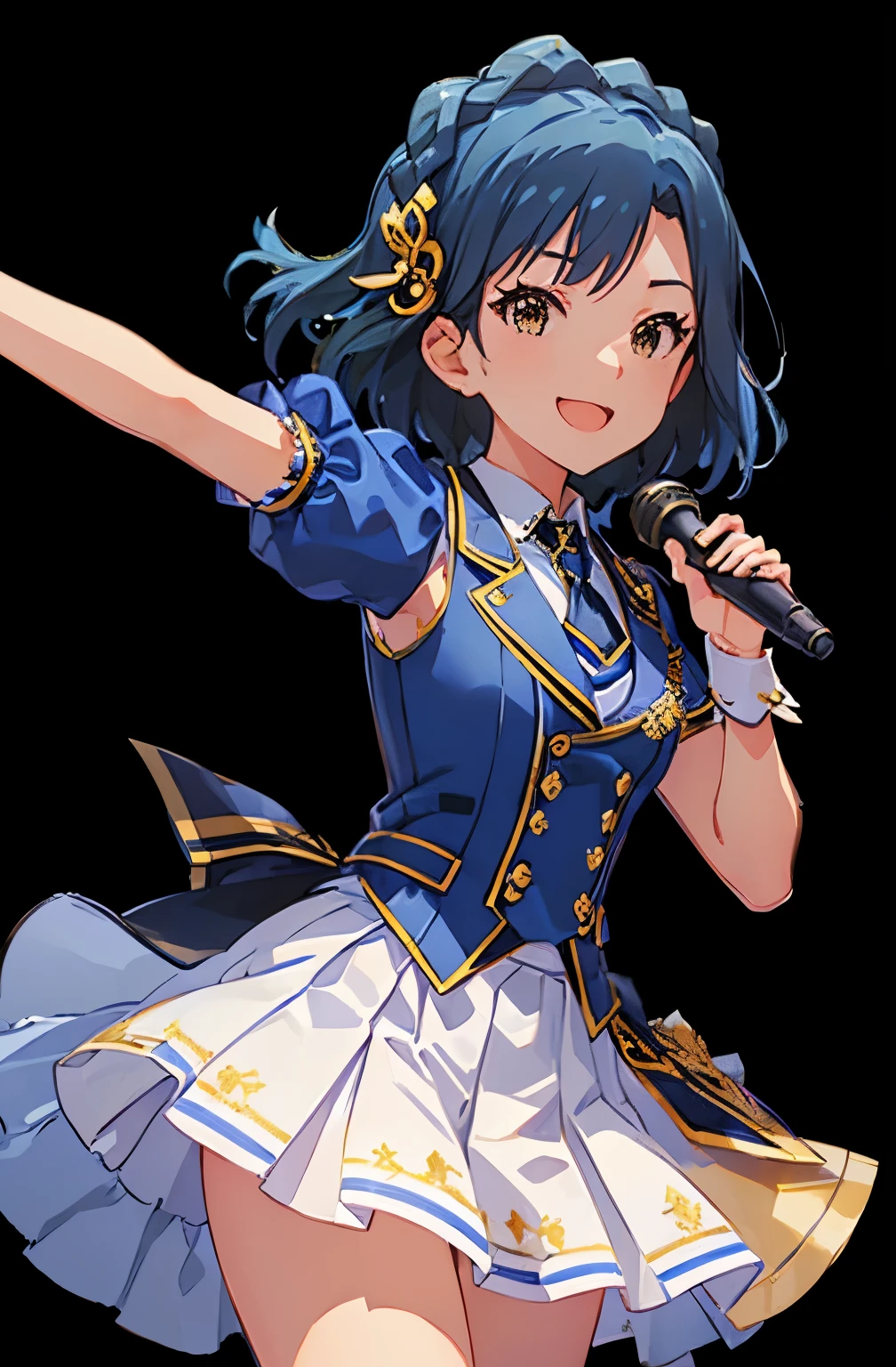 yuriko nanao (million live), 1 girl, Solo, Cute Girl, Best Quality, Ultra-detailed, 8K, High resolution, (((upper body, face focus:1.3))), Detailed face, falling down, singing on the stage, holding a microphone, looking at viewer, (smile, ;d:1.5), opened mouth, reach out a hand for viewer, Bob Hair, ((sweat)), ((idol costume:1.1, blue vest, short sleeves, puffy sleeves, black necktie, wrist cuffs, hair accessory, white skirt, pleated skirt,)), 
