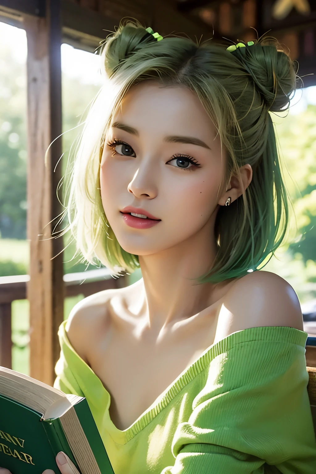 photograph,realistic,the corners of the mouth are raised,25 year old woman, Her hair is yellow-green, and the front is close to a short bob length, and the back is tied into a single knot.,twin bun hair, one piece, fair-skinned, sitting ,have a book, reading aloud, sitting,facing forward,looking at the camera,Asian