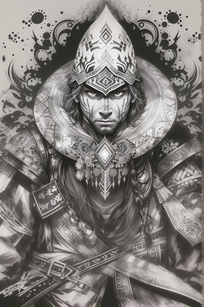 (black and white), (ink style art:1.3), (one human man)、warrior portrait、Face close-up、Proud tribal warrior heading into battle、Overflowing life energy、(black ink, ink dripping), (white background), vector style、Simple style, thick and bold brush strokes