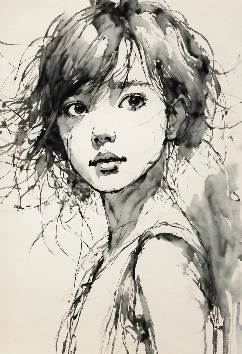 (best quality, high resolution, masterpiece:1.2), Super detailed, actual:1.37, black ink sketch, smooth lines, Expressive facial expressions and gestures, simple background, Emphasis on light, shadow and spatial perception, Abundant negative space, young girl.