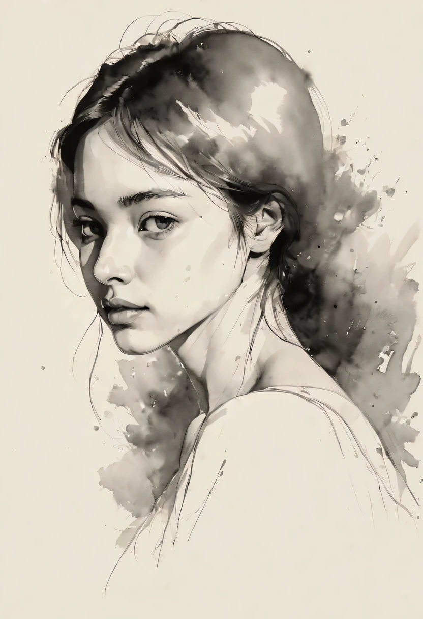 (best quality, high resolution, masterpiece:1.2), Super detailed, actual:1.37, black ink sketch, smooth lines, Expressive facial expressions and gestures, simple background, Emphasis on light and shadow and spatial perception, Abundant negative space, young girl.ink portrait,smooth lines,expressive facial features,Subtle emotions,Ink strength comparison,simple background,Emphasis on light and shadow,spacious,Abundant negative space,peaceful atmosphere,peaceful atmosphere,dreamy mood,Subtle yet charming details,pastel colors,Calm and introspective,elegant gesture,Gentle movements,Gentle and innocent,elegant whisper,Quiet and elegant,shining,sublime beauty,Vector illustration,black and white,Natural and organic,nourishing and calming,Sublime simplicity,Ethereal charm.