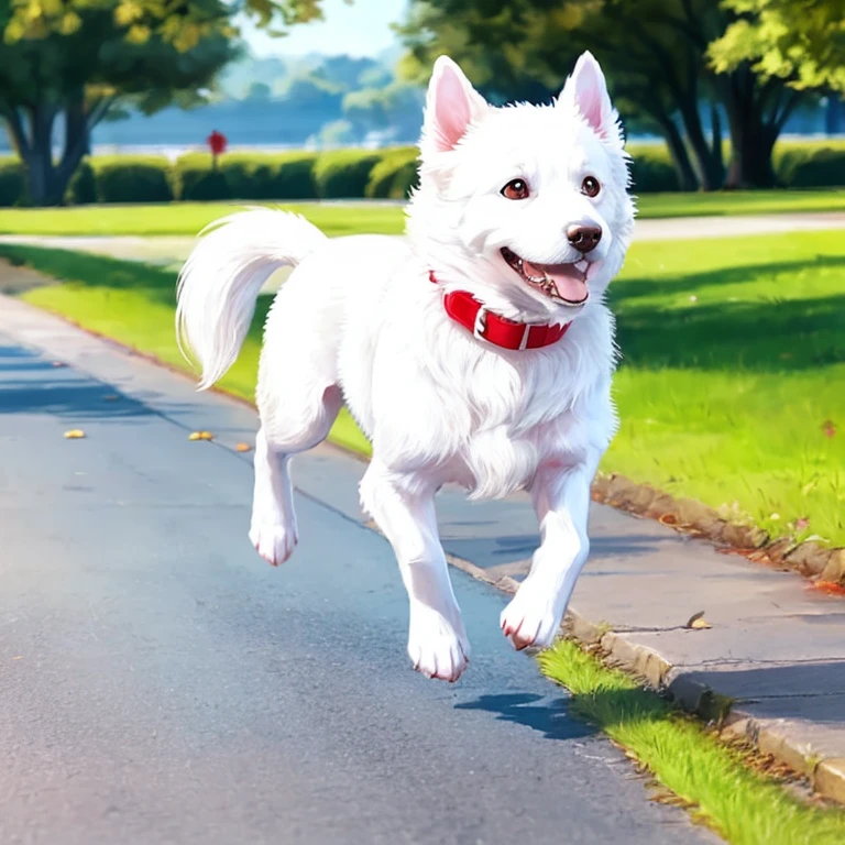 there is a white dog running down the street with a red collar, painting of cute dog, adorable digital paintings, Anime-style drawings, happy dog, running towards the camera, Lineless, Created at Anime Artist Studio, Run towards the camera