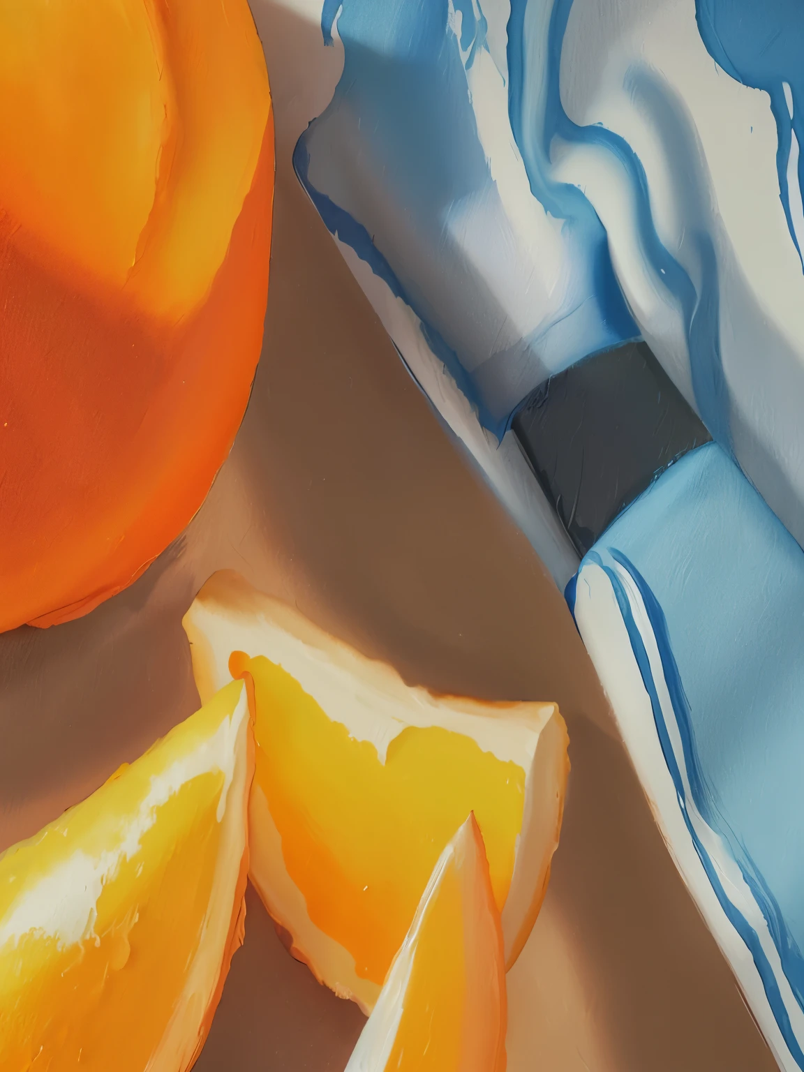 painting of an orange and a knife on a table with a blue towel, some orange and blue, semi realistic gouache painting, smooth draw with oil painting, gouache painting, smooth oil painting, still life painting, detailed soft painting, detailed oil paint, very thick and wer oil paint, detailed realism painting, oil on canvas 4k, gouache 3 d shading