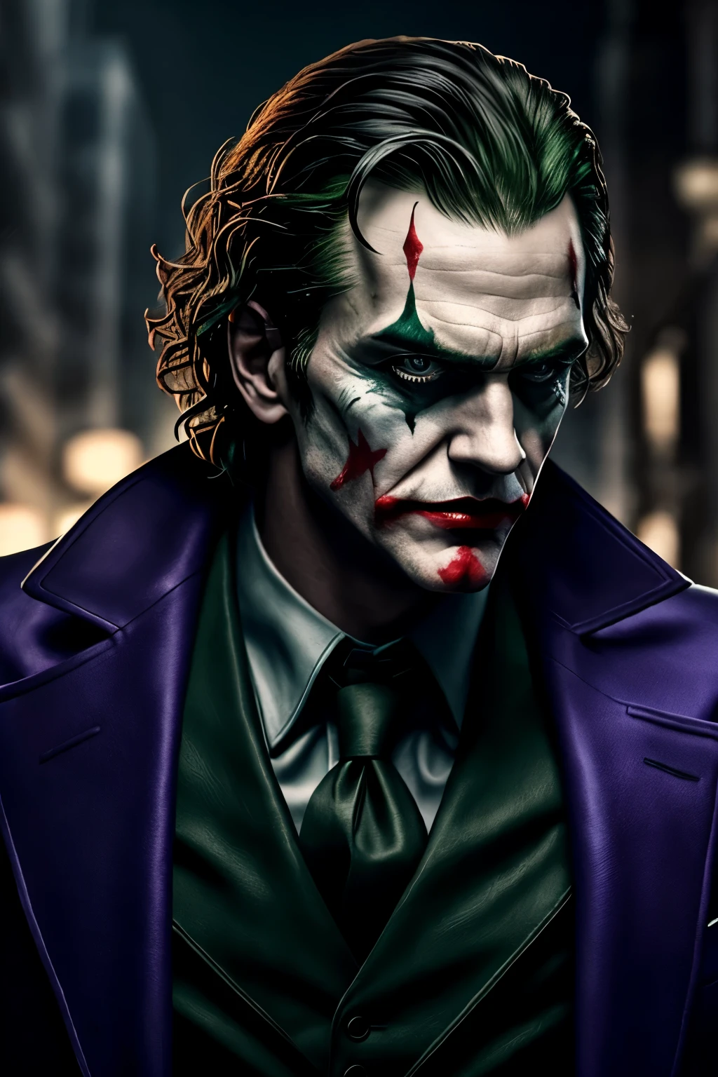 masterpiece, best quality, realistic, half body shot of Joker, DC universe cinematic, detailed face, 8k, uhd, sharp focus
