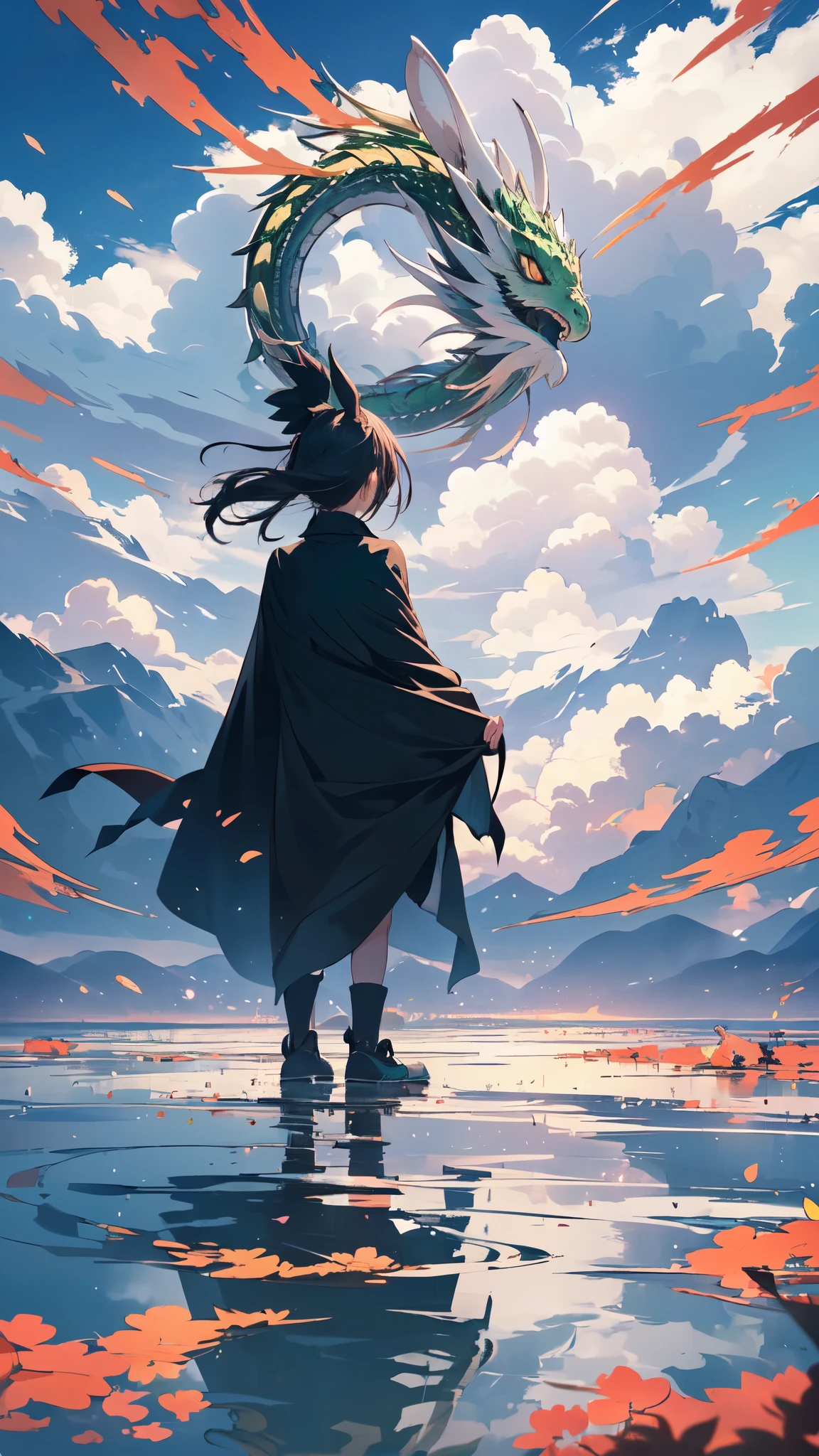 (Rabbit girl in black cape, back view, silhouette, looking toward horizon, (1 green chinese dragon appearing out from a distance among the colorful clouds)), windy morning, mesmerizing view, masterpiece, 4k, wide angle, dramatic