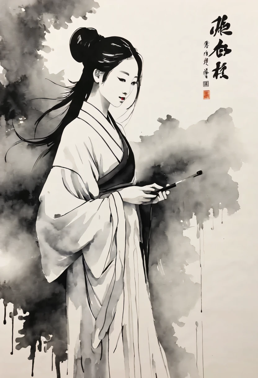 girl,(black and white painting:1.2),Outline with black ink,smooth lines,通过墨迹的浓淡对比展现girl的表情和姿态,The background is simple,emphasize light, shadow and space,lots of white space,Use thick and light inks to create light and dark changes and layers,Choose the right ink color,Such as deep black、Thick gray、Light coffee, ETC,Express different situations and atmospheres,Control the gradient and transition of ink colors through the humidity and consistency of the ink,black and white tones, 中国传统ink painting, Chinese traditional art, ink painting, 中国ink painting, Chinese painting style