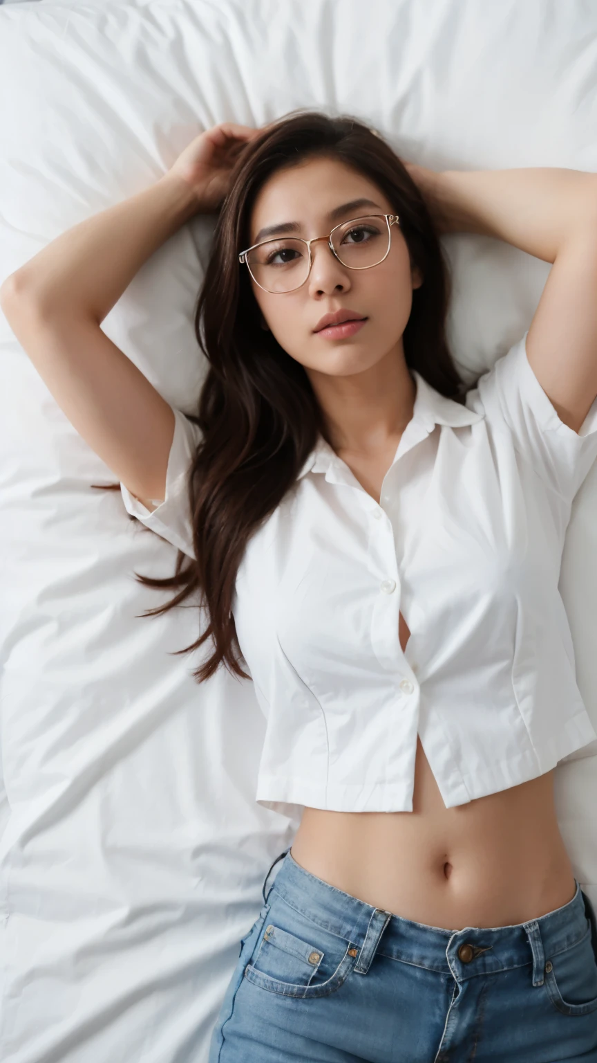 Ayu 23 years old 160cm 45kg wearing white opened tshirt, clothes as if raped, indonesian woman, laying in a bed, big perfect tits, show her hairy armpit. Wearing eyeglasses. eye closed