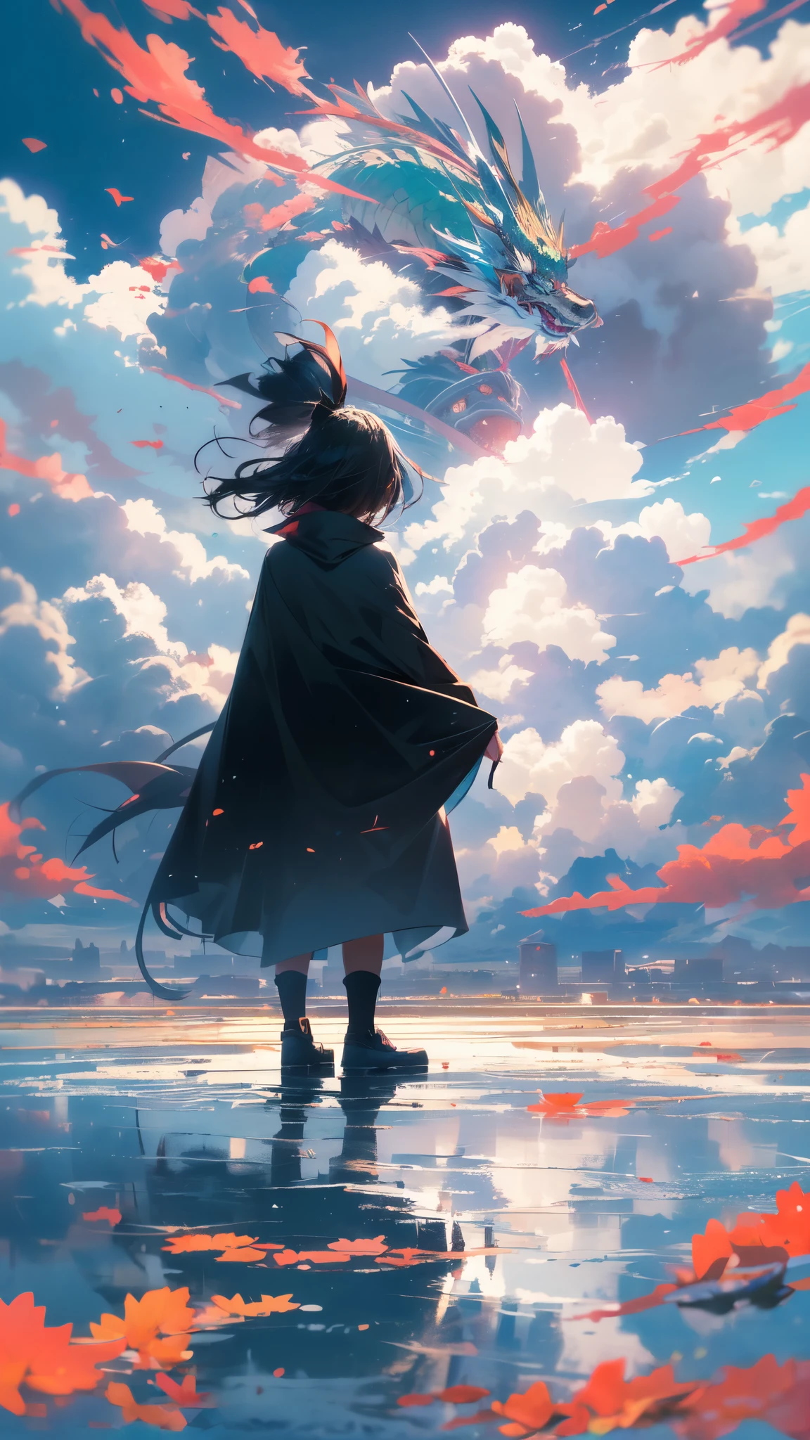 (Rabbit girl in black cape, back view, silhouette, looking toward horizon, (1 green chinese dragon appearing out from a distance among the colorful clouds)), windy morning, mesmerizing view, masterpiece, 4k, wide angle, dramatic