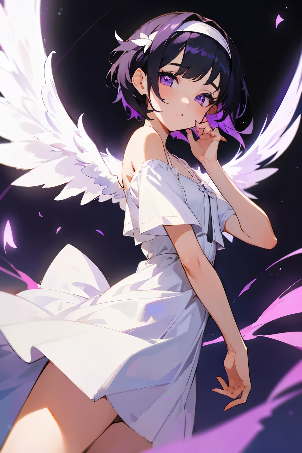 1 girl, short hair, purple and black hair, violet eyes, white dress, angel wings, headband