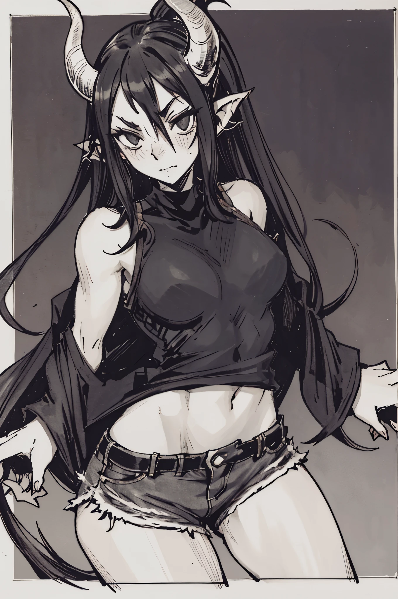 1 demon girl, prominent upward-curving black horns adorn her head, mid-long flowing black hair, black eye, a dark short-sleeved tank-top and shorts, no wings, no coat, pulling her shirt up, hand on her waist, thick