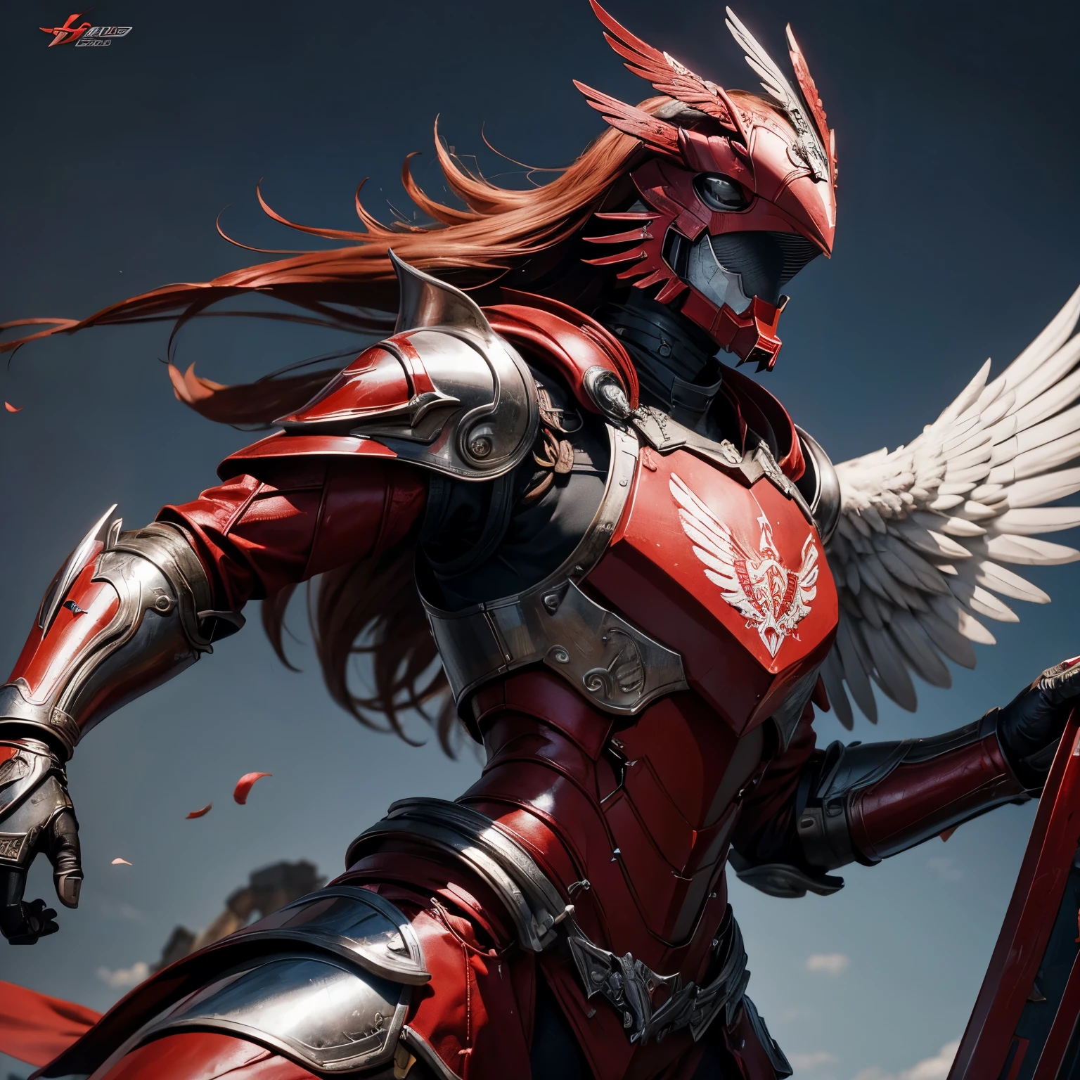 red and white iron winged dove wearing battle armor while clutching a logo that says LAPENDOZ TEAM, HD quality, DETAIL