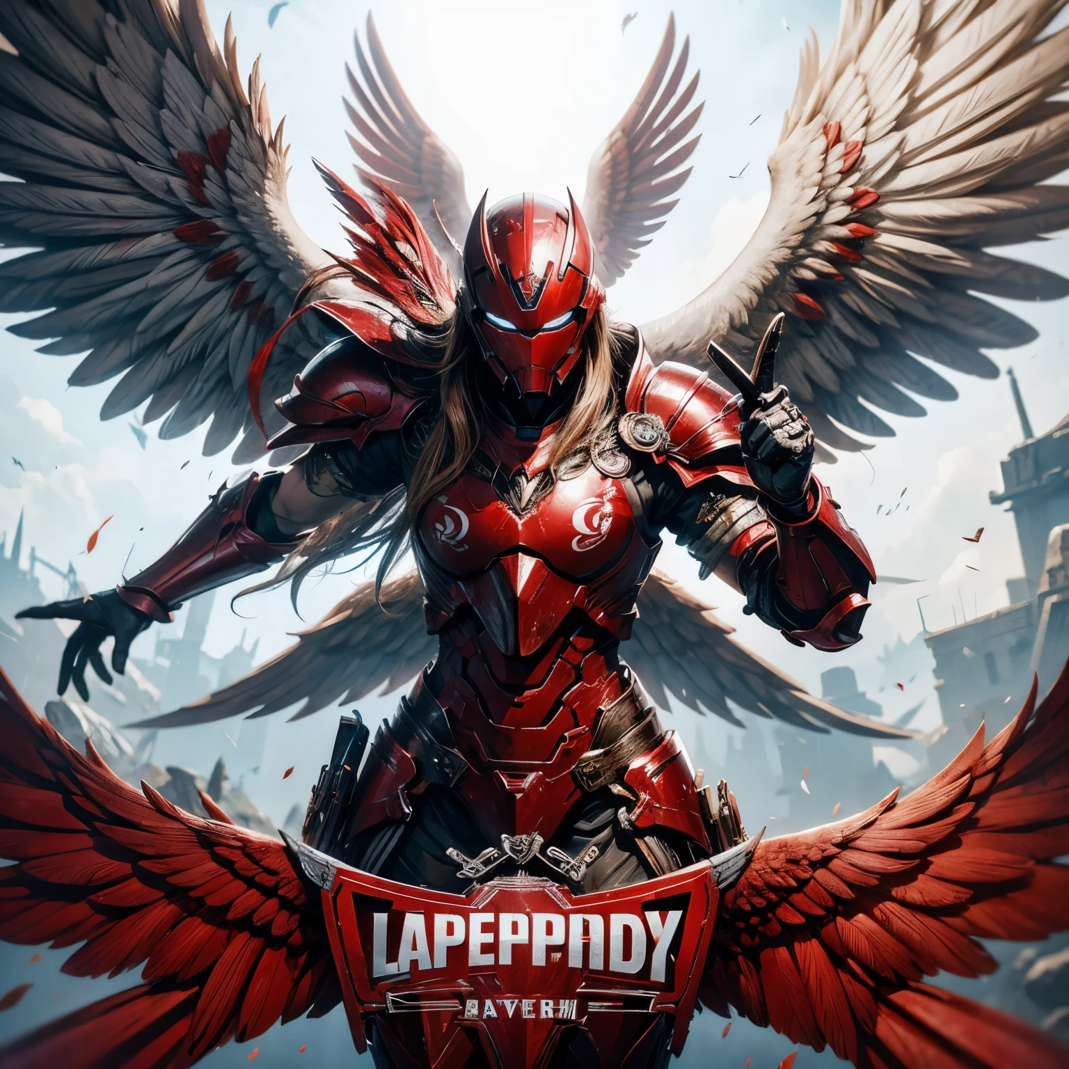 red and white iron winged dove wearing battle armor while clutching a logo that says LAPENDOZ TEAM, HD quality, DETAIL