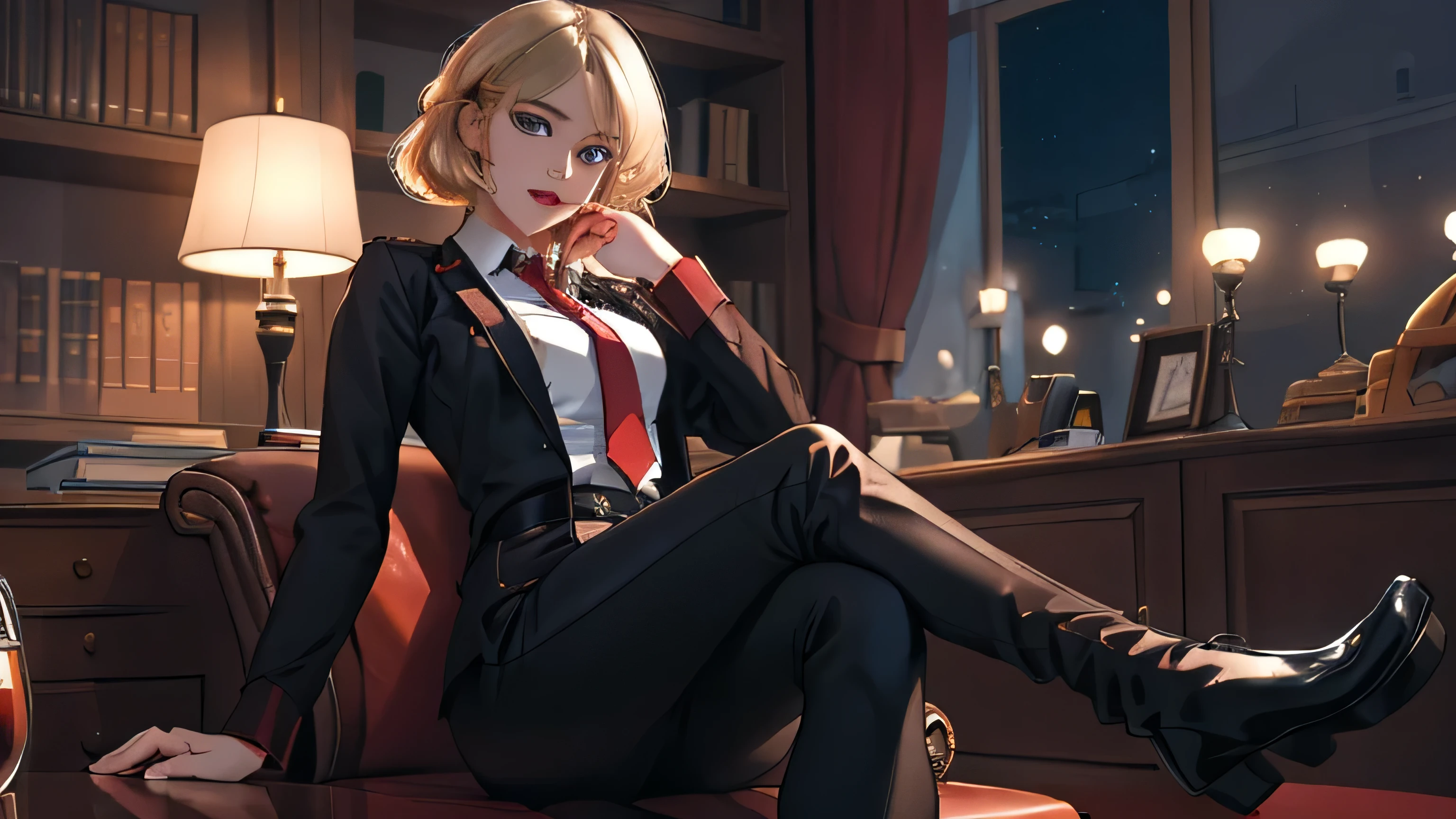 （full-body shot），Sitting on the sofa，Lift your feet，Focus on thighs and feet、一个Smile、sit on the chair、legs crossed、knees up,（Brown long high heel riding boots） blonde short hair ,blue eyes,lipstick, long hair, 1 girl, 20 years,young women,beautiful Finger,beautiful long legs,beautiful body,beautiful Nose,beautiful character design, perfect eyes, perfect face,expressive eyes, looking at the audience, in the center of the image,(Light_Smile:0.5), official art,Extremely detailed CG unified 8k wallpaper, perfect Lighting,rich and colorful,灯Light,有Light泽的皮肤, (masterpiece:1.0),(the best_quality:1.0), 超high resolution,4K,super detailed, photography, 8k, human development report, high resolution, ridiculous:1.2,, film grain, blurred background, Bokeh:1.2, 镜头Light晕, (Energetic_color:1.2) (beautiful,Big deal_climaxing:1.0),(narrow_waist)Full body sitting, wear, elite, velvet, deep Purple, small tie. he himself, boss, momentum, Full HD, ......International Organization for Standardization, Law office with modern design furniture, Includes red armchair upholstered in black and gray leather, Tempe red glass coffee table with chrome base, Solid wood conference table with black leather chairs, There is Lomo a built-in bookcase，Inside there are law books bound in brown leather. ?" 其 11 叶片圆形Light圈和 XA 镜头元件一起提供了漂亮的Bokeh效果. Lomo, 镜头配备Light圈环，You can switch between no-click and no-click actions, a dust and moisture resistant design, and four XD linear autofocus motors，Provides fast and accurate autofocus and tracking. 这款镜头为索尼photography师提供了出色的人像拍摄工具, night view, 和一般photography."