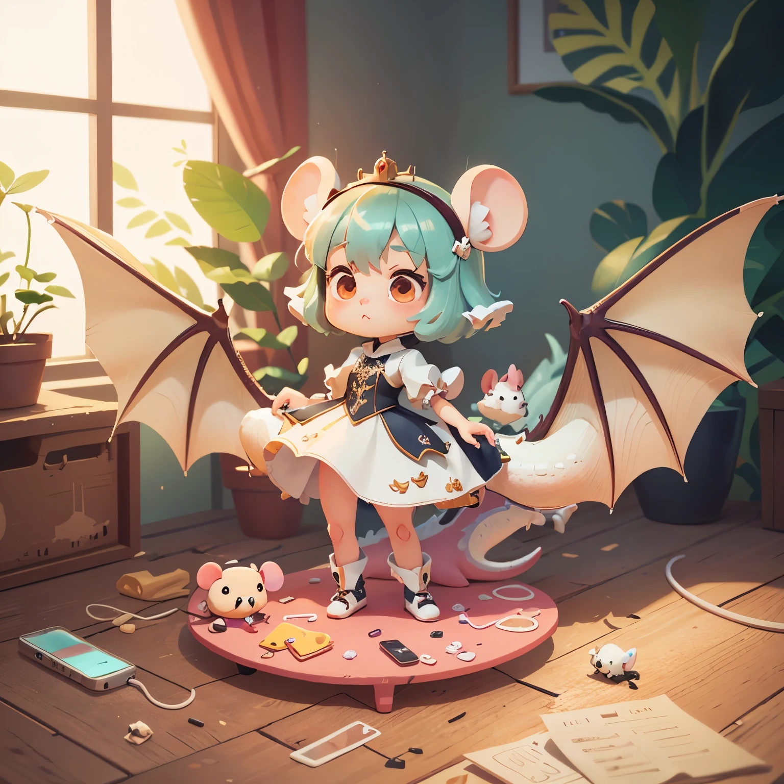 chibi, mouse, Lovely, Princess White Dragon, bigbadejo, whole body, masterpiece, 3d rendering, best quality, many details, (solid color background), vinyl toy figurines