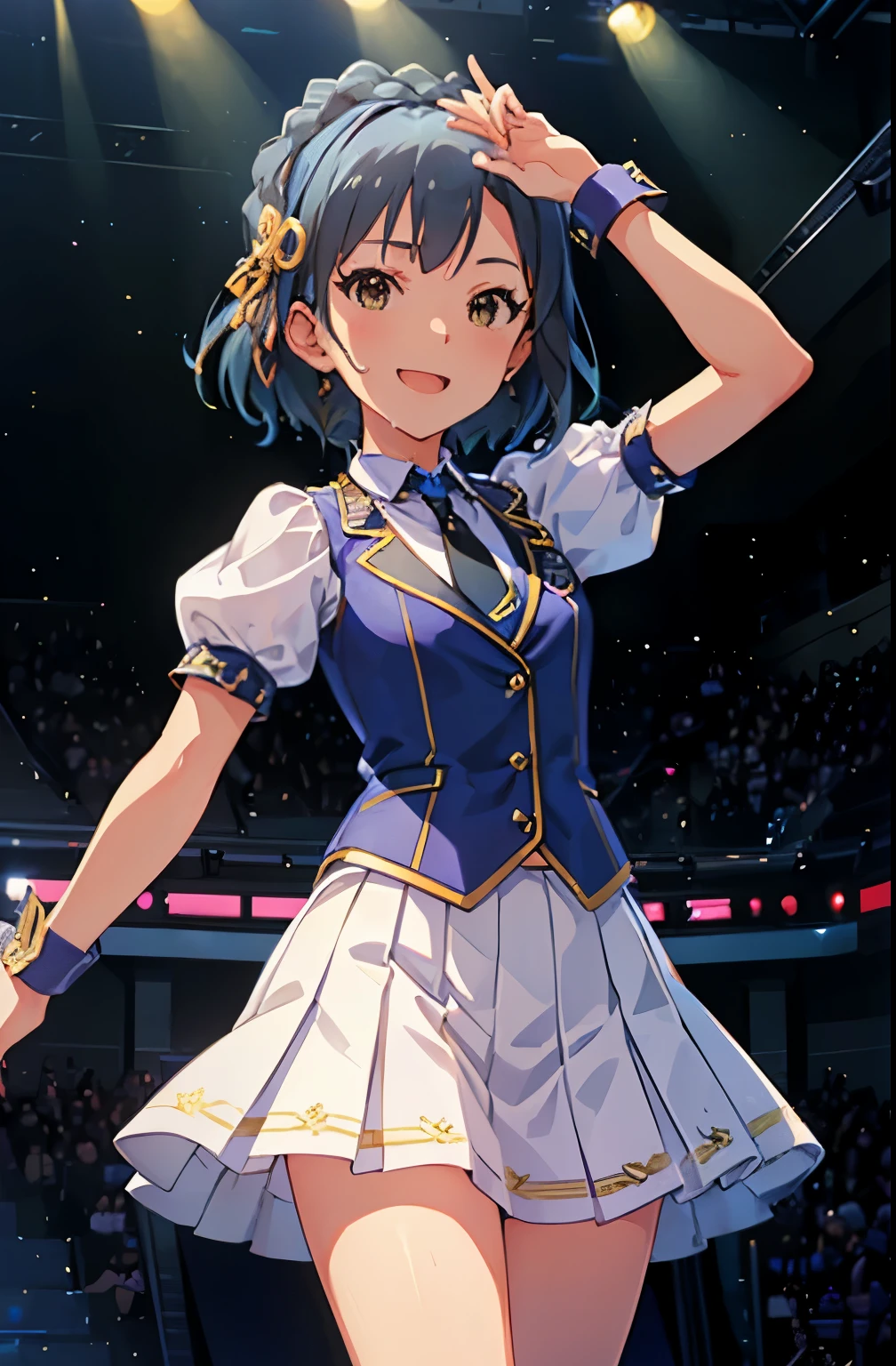 yuriko nanao (million live), 1 girl, Solo, Cute Girl, Best Quality, Ultra-detailed, 8K, High resolution, (((face focus:1.5, front view))), Detailed face, falling down, singing on the stage, holding a microphone, looking at viewer, (smile, ;d:1.5), opened mouth, reach out a hand for viewer, Bob Hair, ((sweat)), ((idol costume:1.1, blue vest, short sleeves, puffy sleeves, black necktie, wrist cuffs, hair accessory, white skirt, pleated skirt,)), 