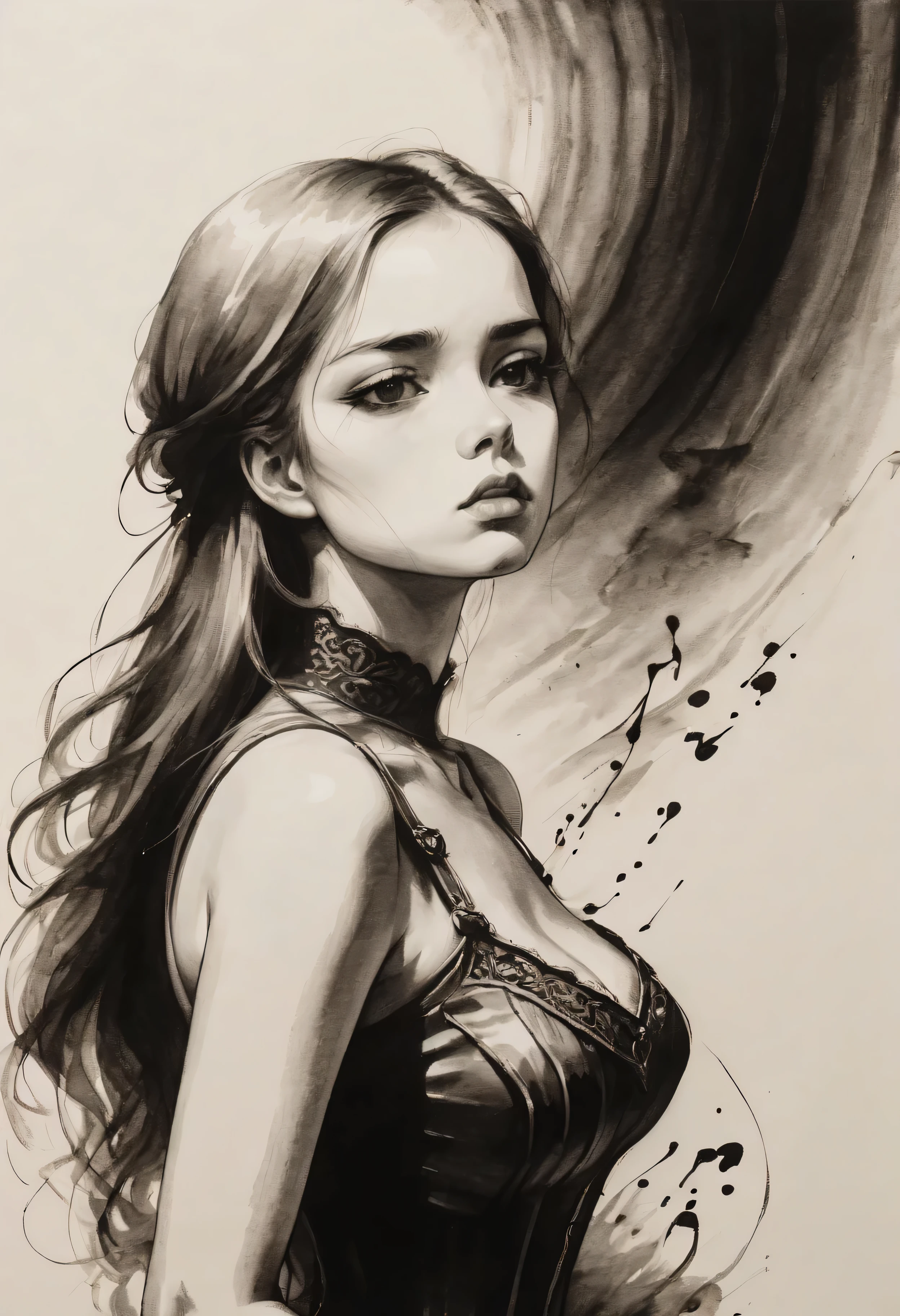 ((Sad_expression:1.2), ((Folk Singer):1.5), ((Close up of a Pretty Female):1.3), ((Singing):1.2), ((Hourglass_figure):1.1). ((Tragic Song):1.3), | Outlined in black ink, the figure is depicted with smooth lines, expressing emotions and posture through the contrast of ink density. The background is minimalist, emphasizing light, shadow, and spatial perception.