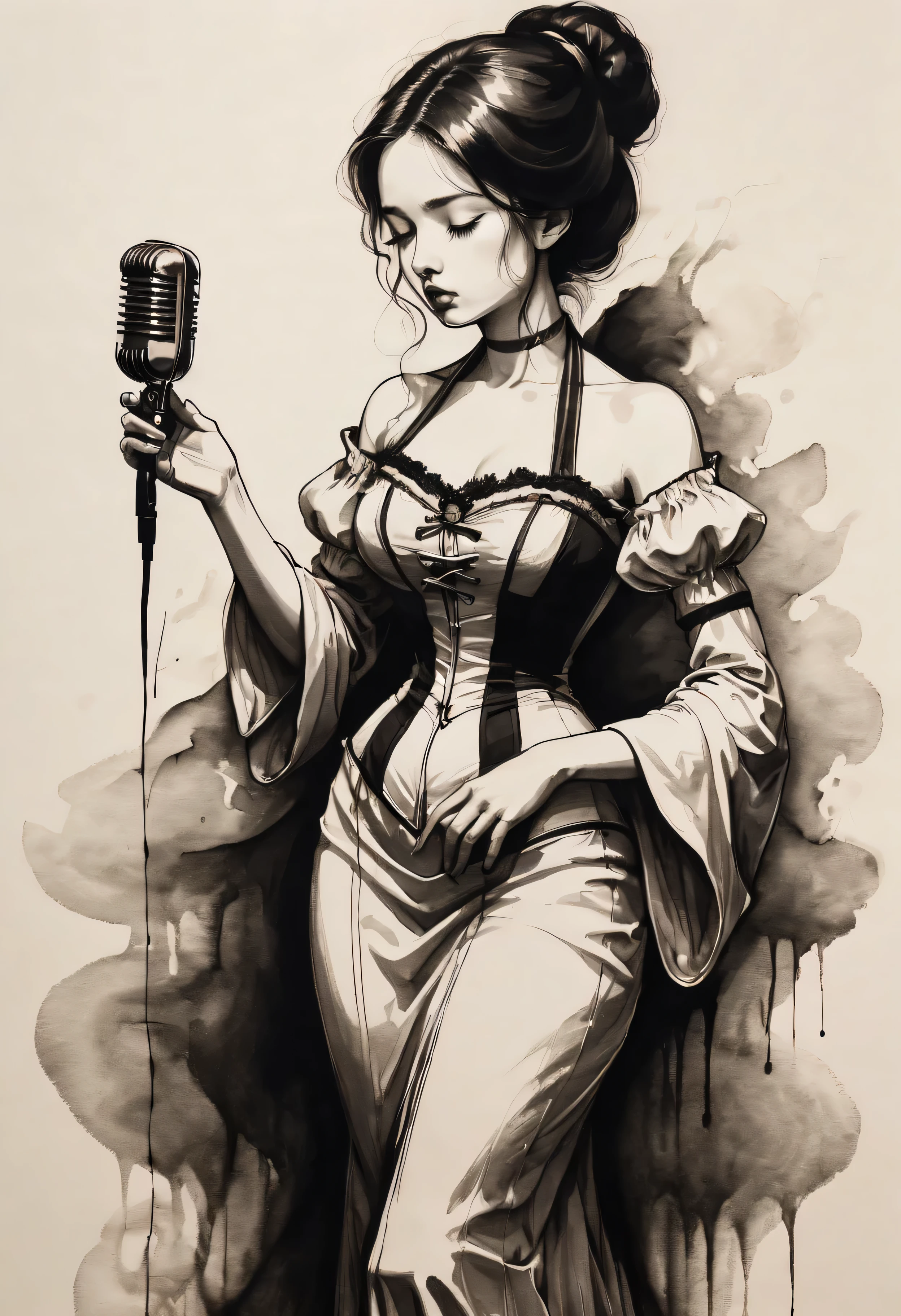 ((Sad_expression:1.2), ((Folk Singer):1.5), ((Close up of a Pretty Female):1.3), ((Singing):1.2), ((Hourglass_figure):1.1). ((Tragic Song):1.3), | Outlined in black ink, the figure is depicted with smooth lines, expressing emotions and posture through the contrast of ink density. The background is minimalist, emphasizing light, shadow, and spatial perception.