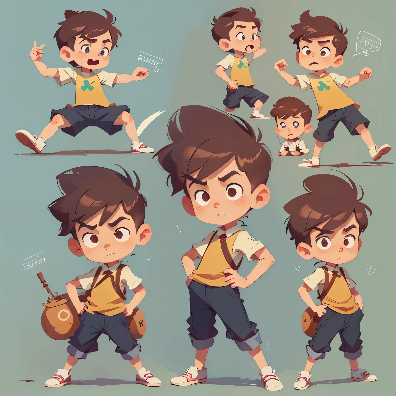 Cartoon character of boy in different poses and poses, Cartoon concept art, very stylized role conception, stylized role conception, highly detailed role conception, artstation for kids art, role conception, Disney character style, Concept art of single boy, animated role conception, high quality role conception, Character exploration, great role conception, disney animation style, Character illustration