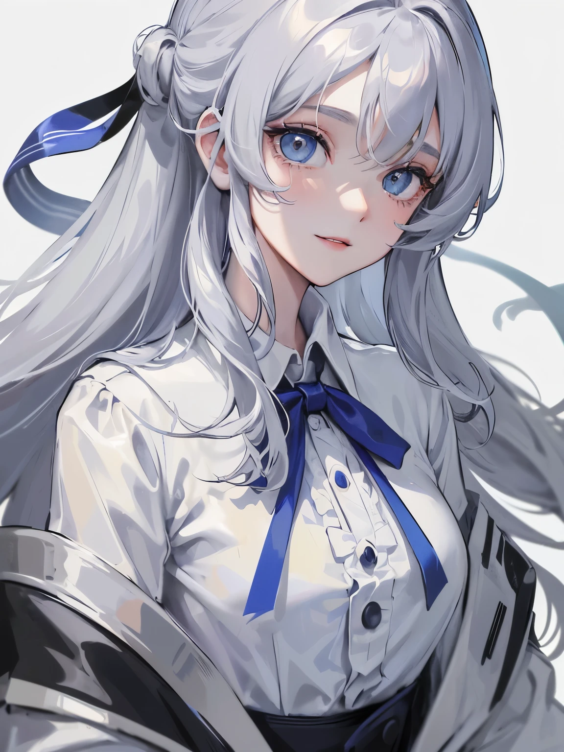 1 girl、blouse、long hair with gray hair、light blue eyes、hair arrange、black shirt、white blazer、wear a blue ribbon on the chest、smiling girl、drooping eyes、droopy eyes、、Patsun bangs、Highest image quality、simple clothes、white background、eye highlights、Singer girl、sing、Idol、wave hands