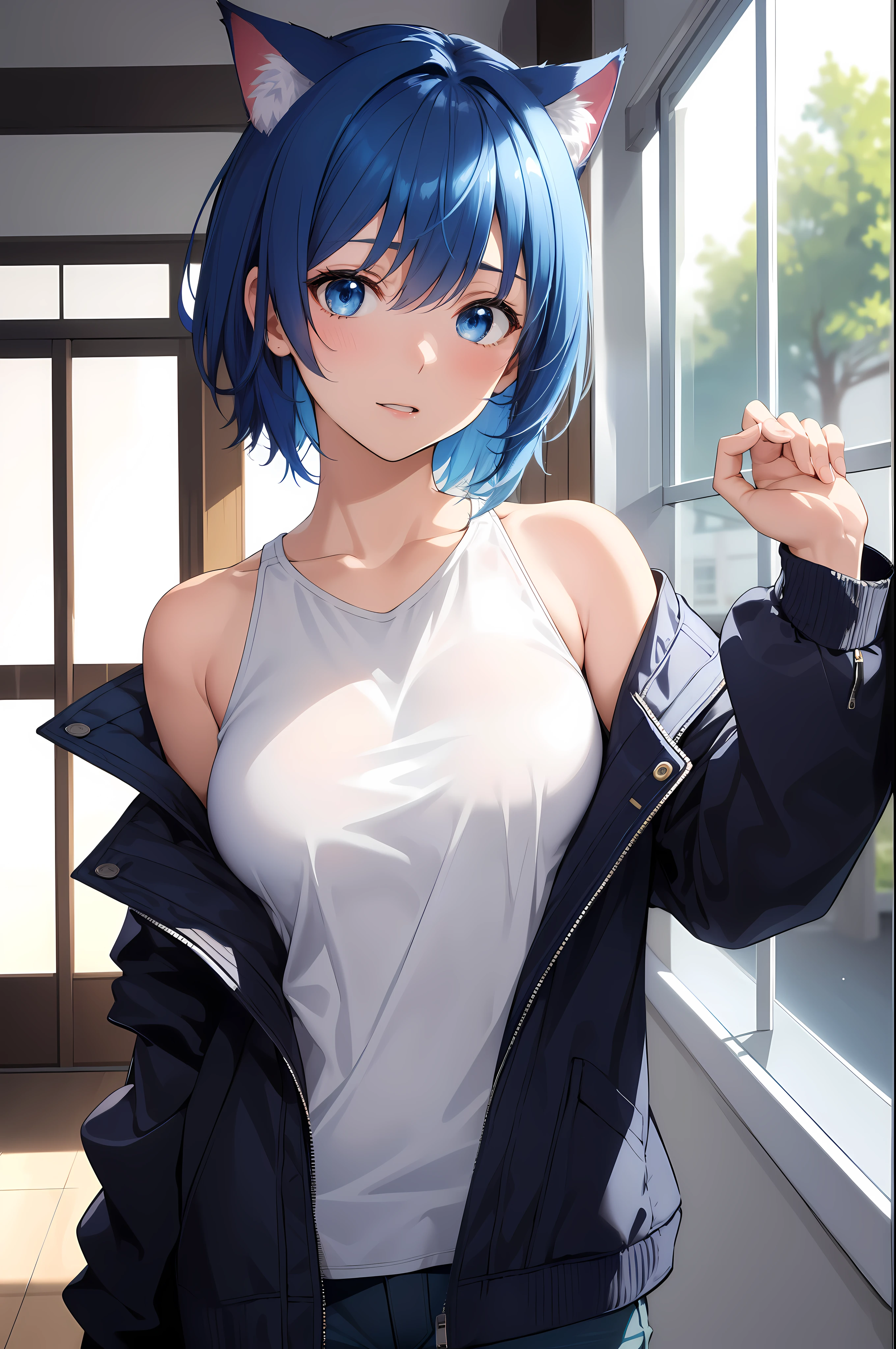 (best quality, high resolution, detailed background:1.2, indoor environment, realistic lighting), fresh fish, neko (In drama "Reply 1988"), black jacket, upper body, open jacket, absurd, blue eyes, gradient background, looking at viewer, good at sports, one girl, Short hair, bare shoulders, alone, animal ears, blue hair, jacket, go to the countryside, off shoulder, tilted head, cat ears.