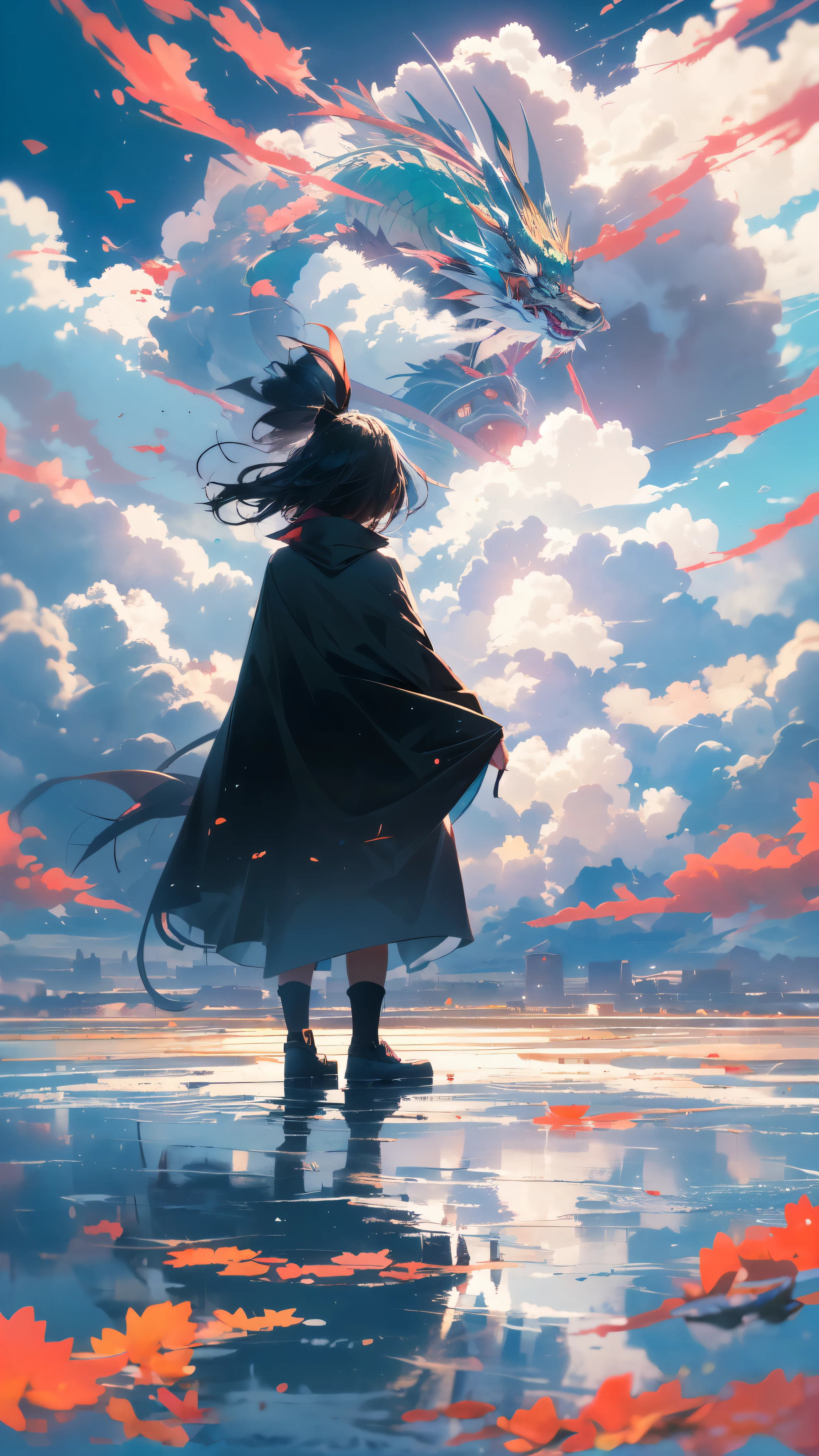 (Rabbit girl in black cape, back view, silhouette, looking toward horizon, (1 green chinese dragon appearing out from a distance among the colorful clouds)), windy morning, mesmerizing view, masterpiece, 4k, wide angle, dramatic