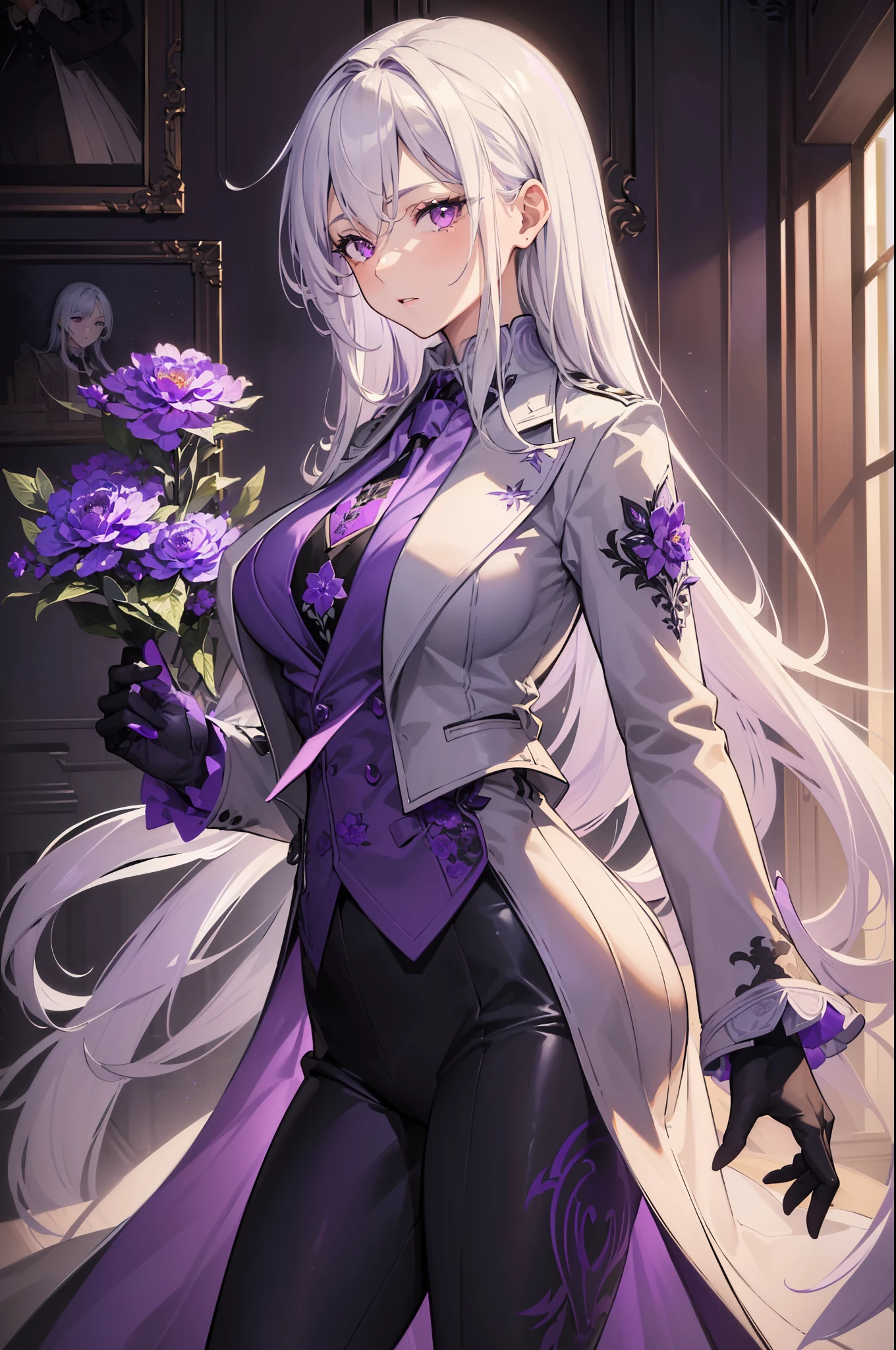 (best quality:1.3), (masterpiece:1.3), (illustration:1.3), (ultra-detailed:1.3), (mid shot:0.9), 1girl, solo, ((long hair, white hair, purple eyes, grey coat, large breasts, purple necktie, purple flower pattern,)) serious expression, tall, mature, elegant, black gloves, black pants, grey vest, grey shirt, from front, tsurime, indoors