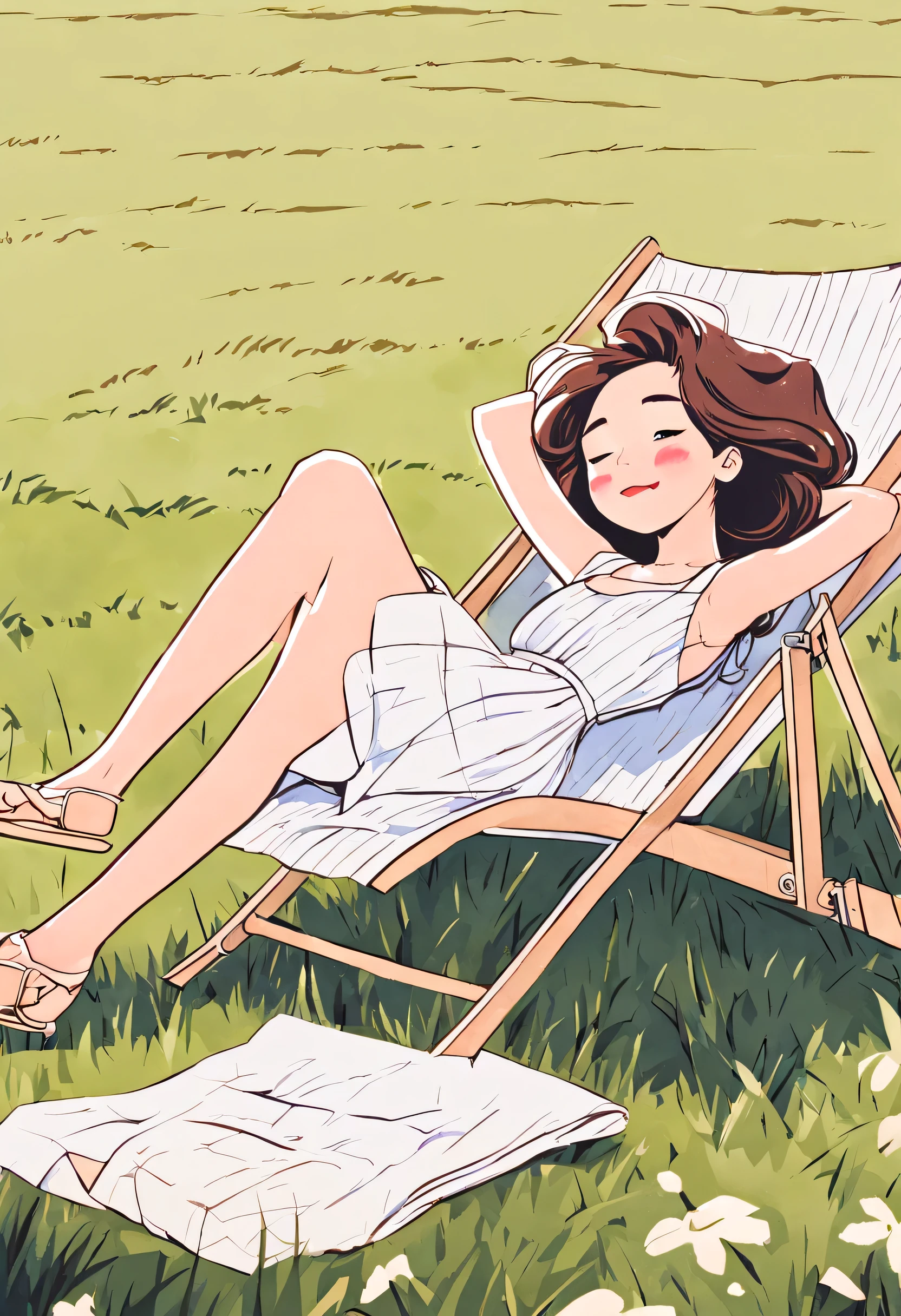 Illustrator, japanese manga , actual ,sketch , 1 girl, ,skirt,fresh,Sloth,lips, hair,deck chair,girl lying on it,green grass background,textured crops, Canadian, (masterpiece,best quality)