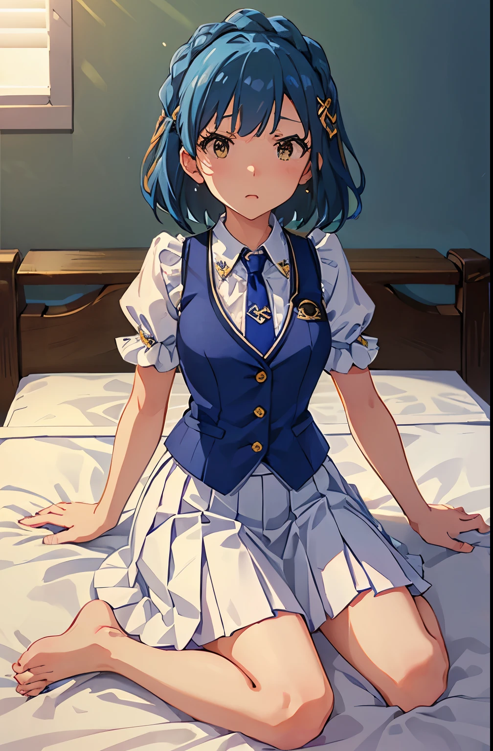 yuriko nanao (million live), 1 girl, Solo, Cute Girl, Best Quality, Ultra-detailed, 8K, High resolution, Detailed face, sitting on the floor Bob Hair, (lying on the bed, on back, bed sheet), looking at viewer, (((scared:1.5))), covering the chest by hand, ((idol costume:1.2, blue vest, short sleeves, puffy sleeves, necktie, white skirt, pleated skirt, barefoot)), (((in the dark room,))),