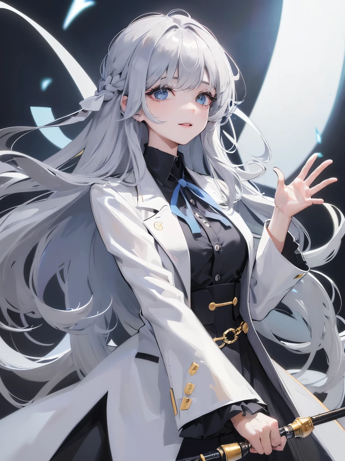 1 girl、blouse、long hair with gray hair、light blue eyes、hair arrange、black shirt、white blazer、wear a blue ribbon on the chest、smiling girl、drooping eyes、droopy eyes、、Patsun bangs、Highest image quality、simple clothes、white background、eye highlights、Singer girl、sing、Idol、wave hands