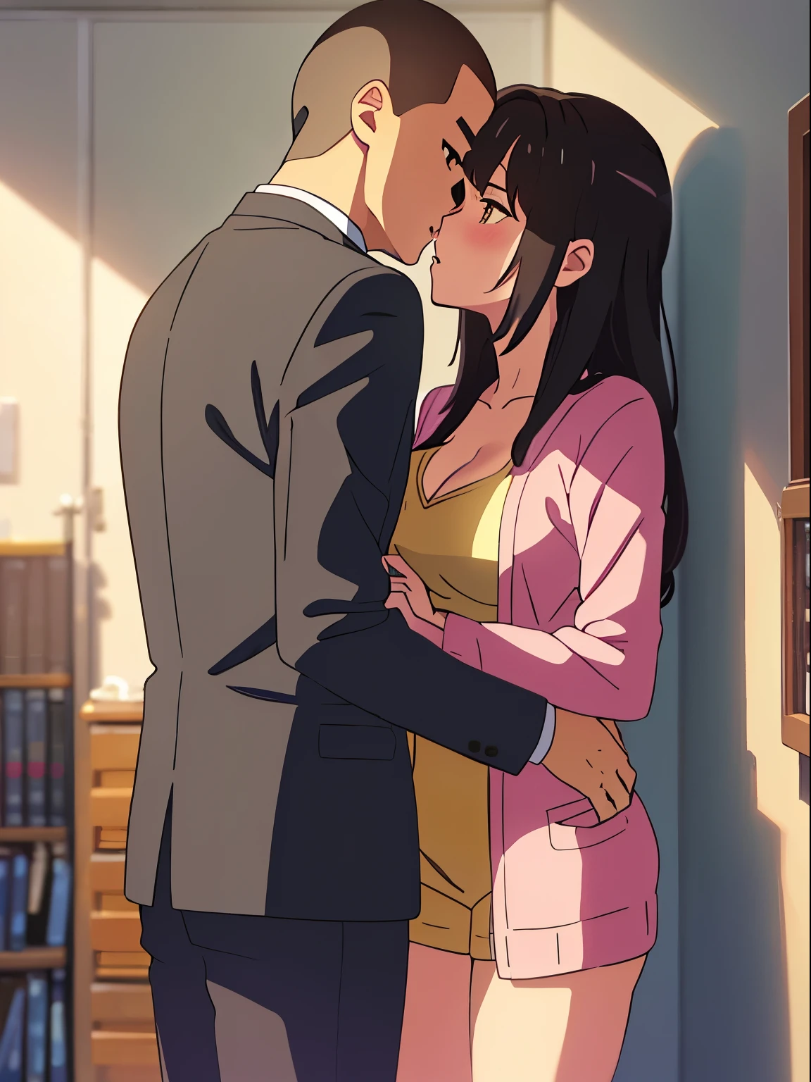 shinkai makoto, kimi no na wa., 1boy, buzzcut,office suit, boy caressing girl's body, kiss cheeks, passionate hug, boy is hugging from behind, 1girl, bangs, black hair, brown eyes, parted lips, Twisted Half Up, red ribbon, long hair, long sleeve light pink cardigan, open shirt, yellow shirt, cleavage, breast, medium breast, storage room, indoors, masterpiece, perfect anatomy, cowboyshot