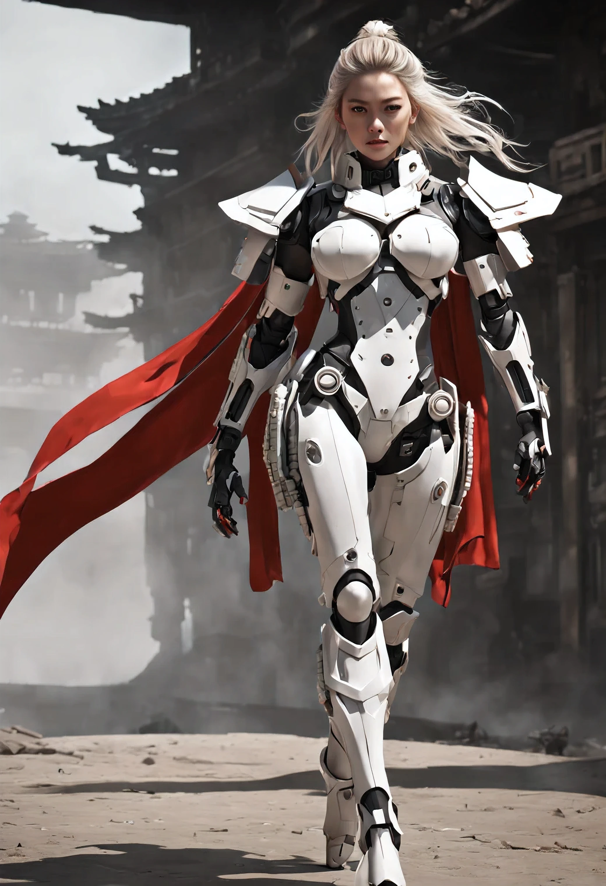 (Female Ninja Cruel Mech: 1.3, Full Body Covered Mech, Heavy AWP on Back, DSLR, Light Tracing, 3D, Concept Art, Action Painting, Film Lighting, Chiaroscuro) :(1.3). Highlighting the curve of the chest, the long white ponytail hair looks graceful and attractive. Masterpiece-like 8K resolution, (Murderous Death and Fear): 0.5, long red scarf fluttering in the wind, war-torn city as a backdrop. 