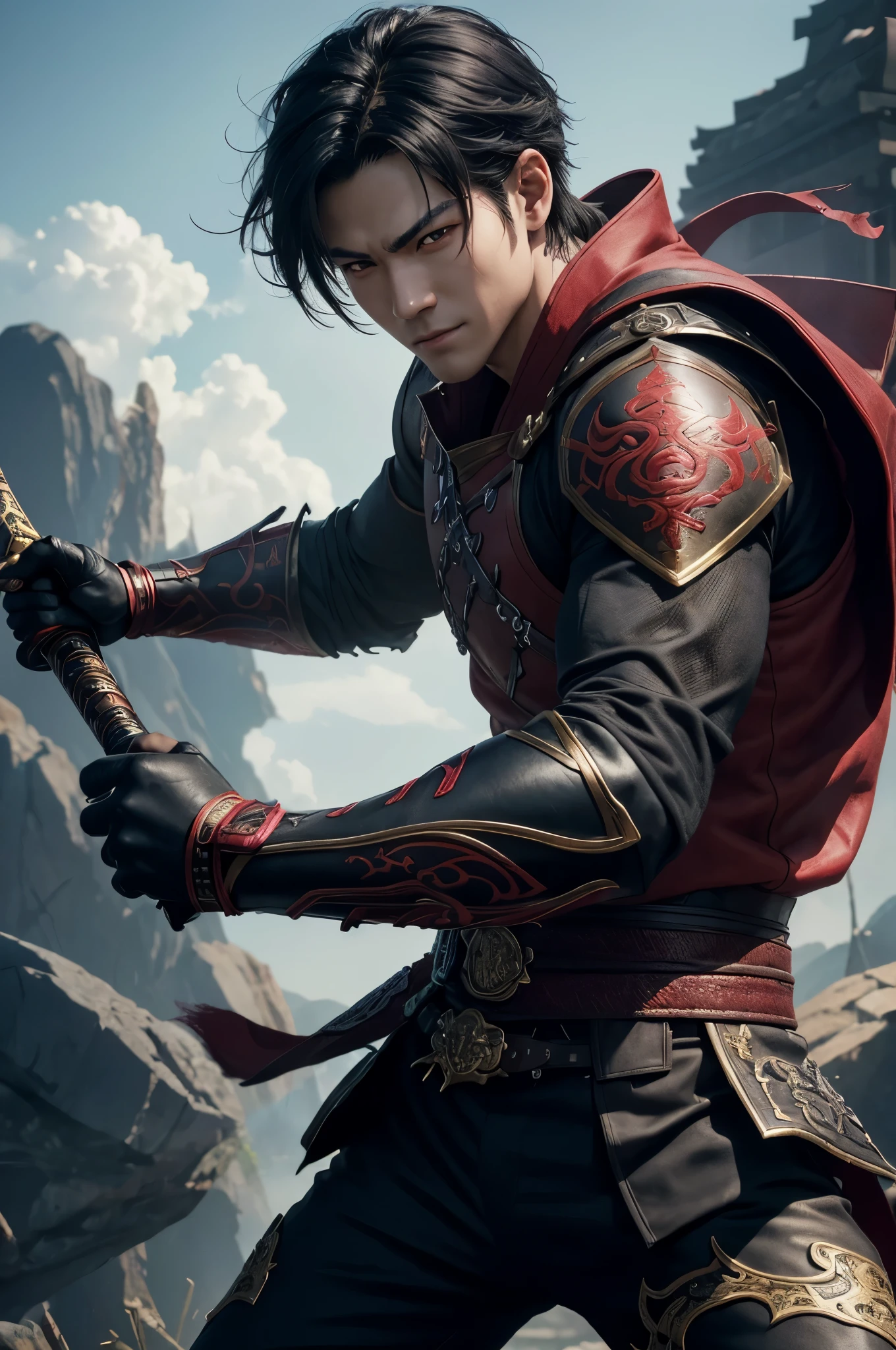 8K、solo、16 year old boy,Super handsome boy(like the real thing),red eyes(red glowing effect),Super handsome boy,black bob hair,black demon slayer armor,black pants(demon emblem embroidery),golden decoration,facing there、long and large Japanese sword,demon slayer boy,Remains,magnificent artwork、wind effect:1.9、Cloud Effect:1.2、Full Rendering、Caustic soda coating、unreal engine、1 Japan sword,An expression that remains innocent,Cool boys,Super high resolution,super realistic skin,Super precise hand details,１Japanese sword with a book,fantasy art,smile,battle scene,action scene,action pose,Fighting style,Photorealistic RAW photos of the highest quality。Backlight, cinematic lighting, film grain, to be born, 50mm lens, Nikon D850,realistic skin,fantasy art,character art,ultra high resolution,Macho with muscular slender body,Red demon emblem tattoo on face(Tattoo that glows red),Precise facial details,rock,