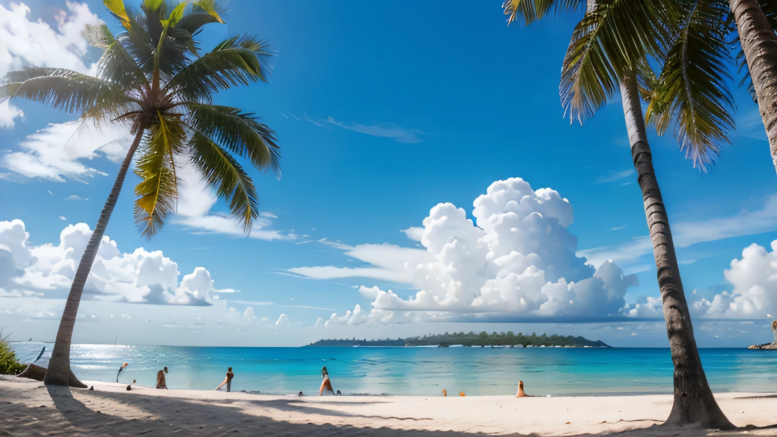 Beach, palm, blue ocean, blue sky, white cloud