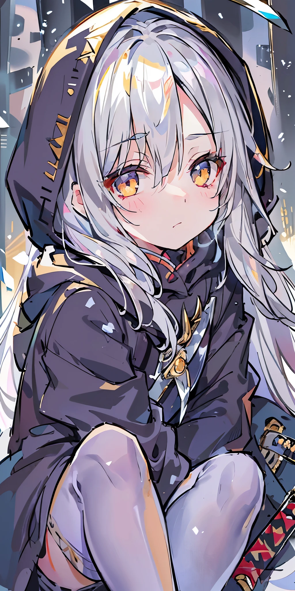 long hair、cute、white stockings、Heart-shaped pupils、solo、gray hair、winter、snow、outdoor、(((golden eyes)))、Ahoge、(((Black hoodie)))、head covering、With weapons、(((((battle)))))、 cold look、 Filmography、 ((((((knife))))))、 village、((((Show the whole body))))、
