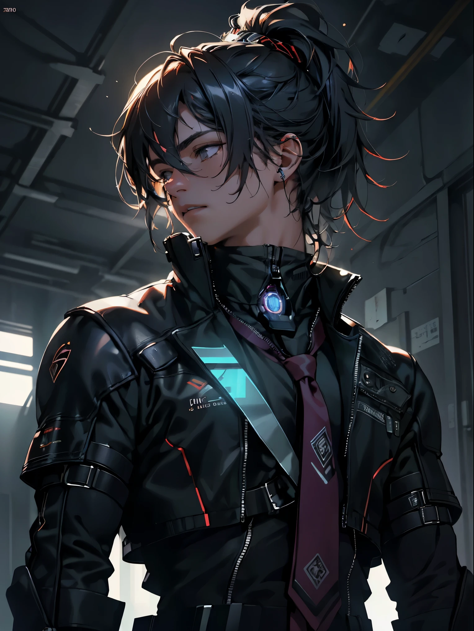 ultra detail, High resolution, ultra detailed, highest quality, wonderful, highest quality, Highly detailed CG Unity 8K wallpaper, cinematic lighting,cyber punk, dark boy,Manbang,tie hair,Tie your hair back,all back